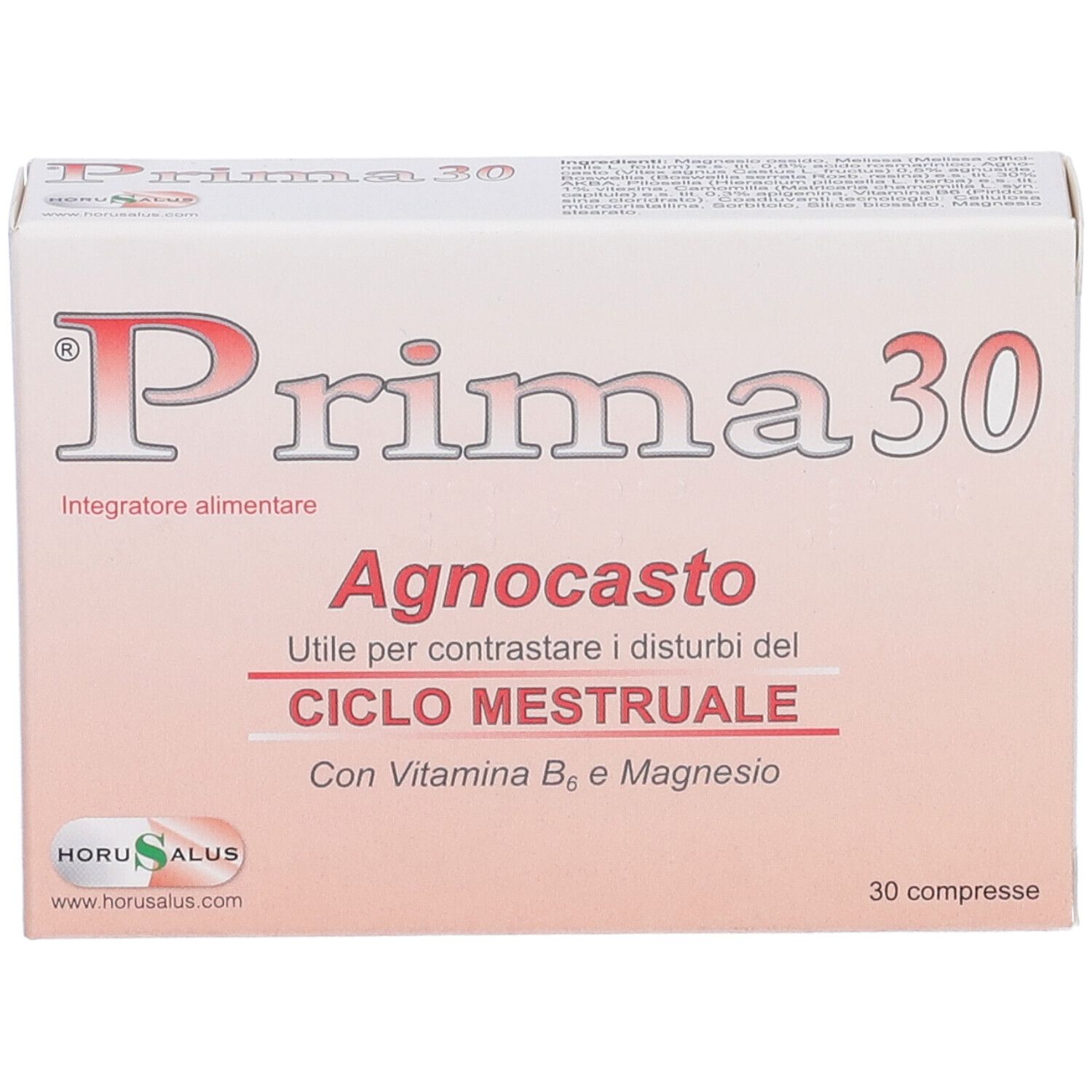 Confezione di Prima 30 Agnocasto. Scritto: 'Utile per contrastare i disturbi del ciclo mestruale'. 30 compresse. Marchio Horusalus.