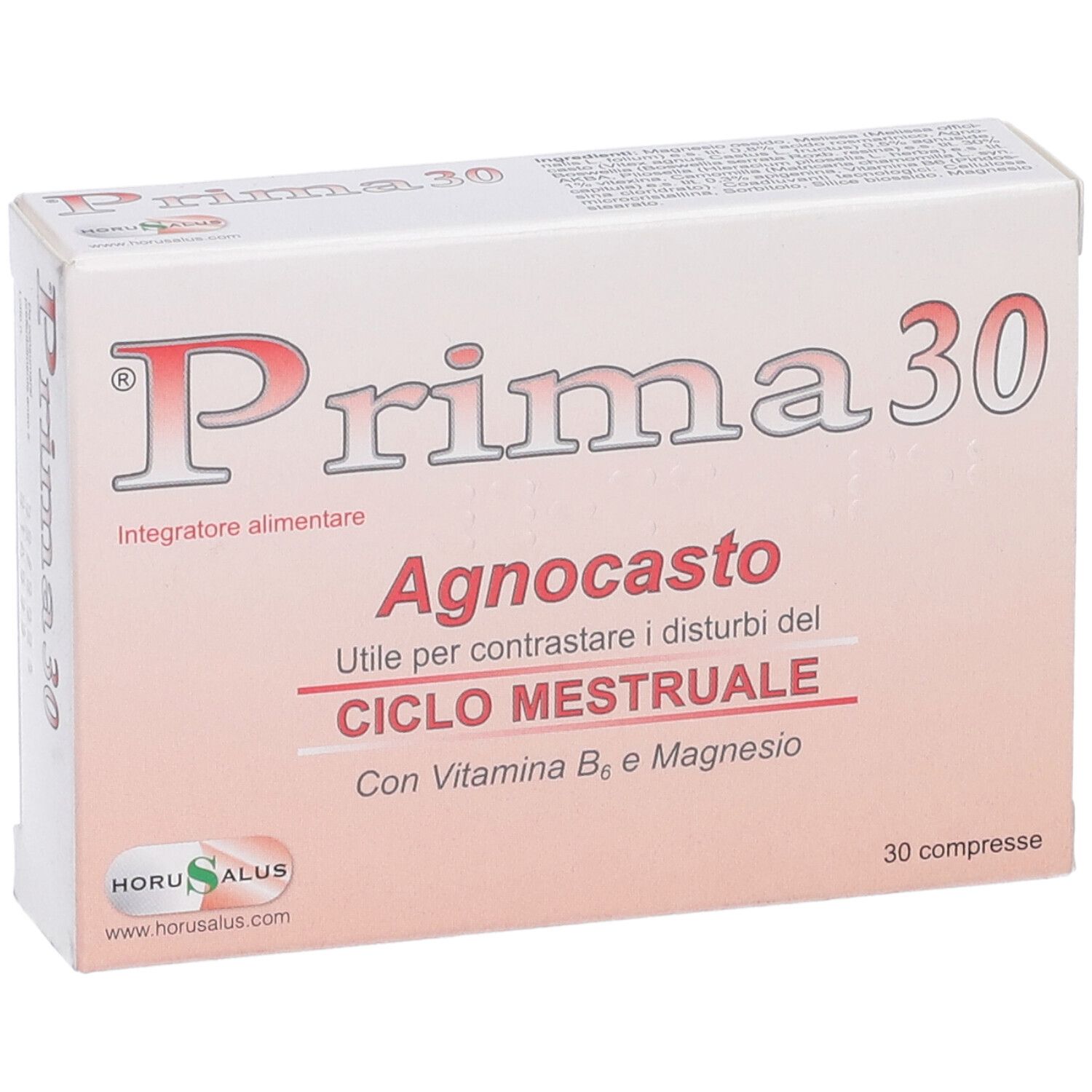 Confezione di Prima 30 Agnocasto. Scritto: 'Utile per contrastare i disturbi del ciclo mestruale'. 30 compresse. Marchio Horusalus.