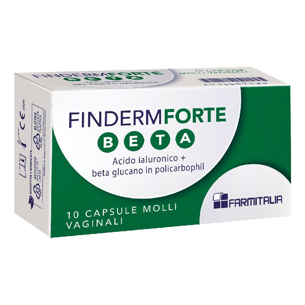 Scatola di FINDERMFORTE BETA Ovuli vaginali. Scatola bianca con accento verde. Testo: FINDERMFORTE BETA, 10 Capsule Molli Vaginali.