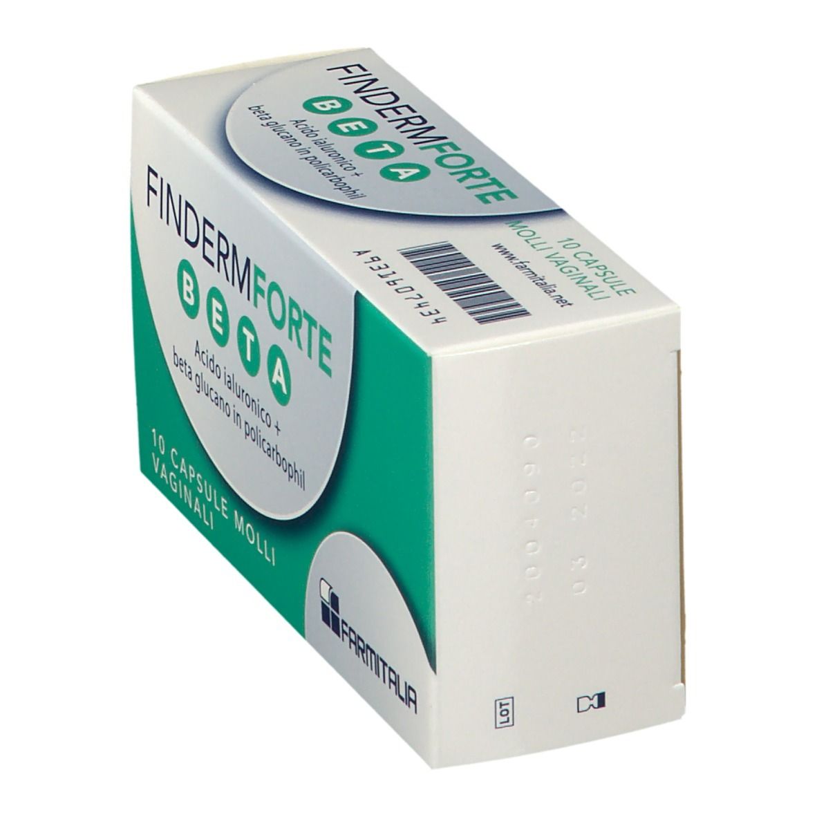 Scatola di FINDERMFORTE BETA Ovuli vaginali. Scatola bianca con accento verde. Testo: FINDERMFORTE BETA, 10 Capsule Molli Vaginali.