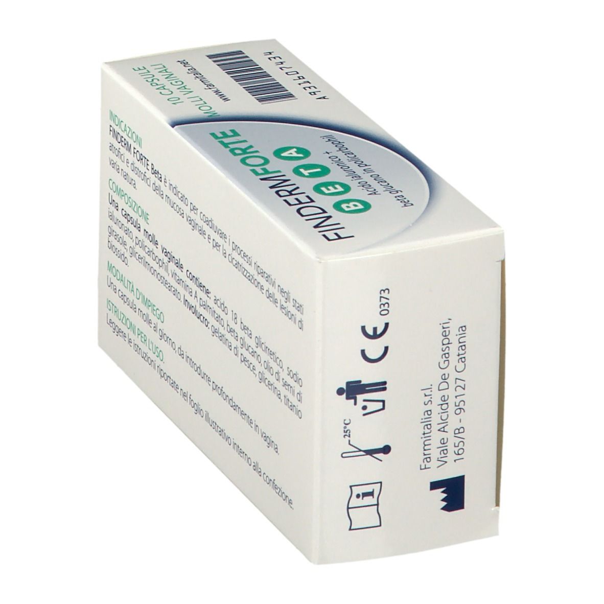 Scatola di FINDERMFORTE BETA Ovuli vaginali. Scatola bianca con accento verde. Testo: FINDERMFORTE BETA, 10 Capsule Molli Vaginali.