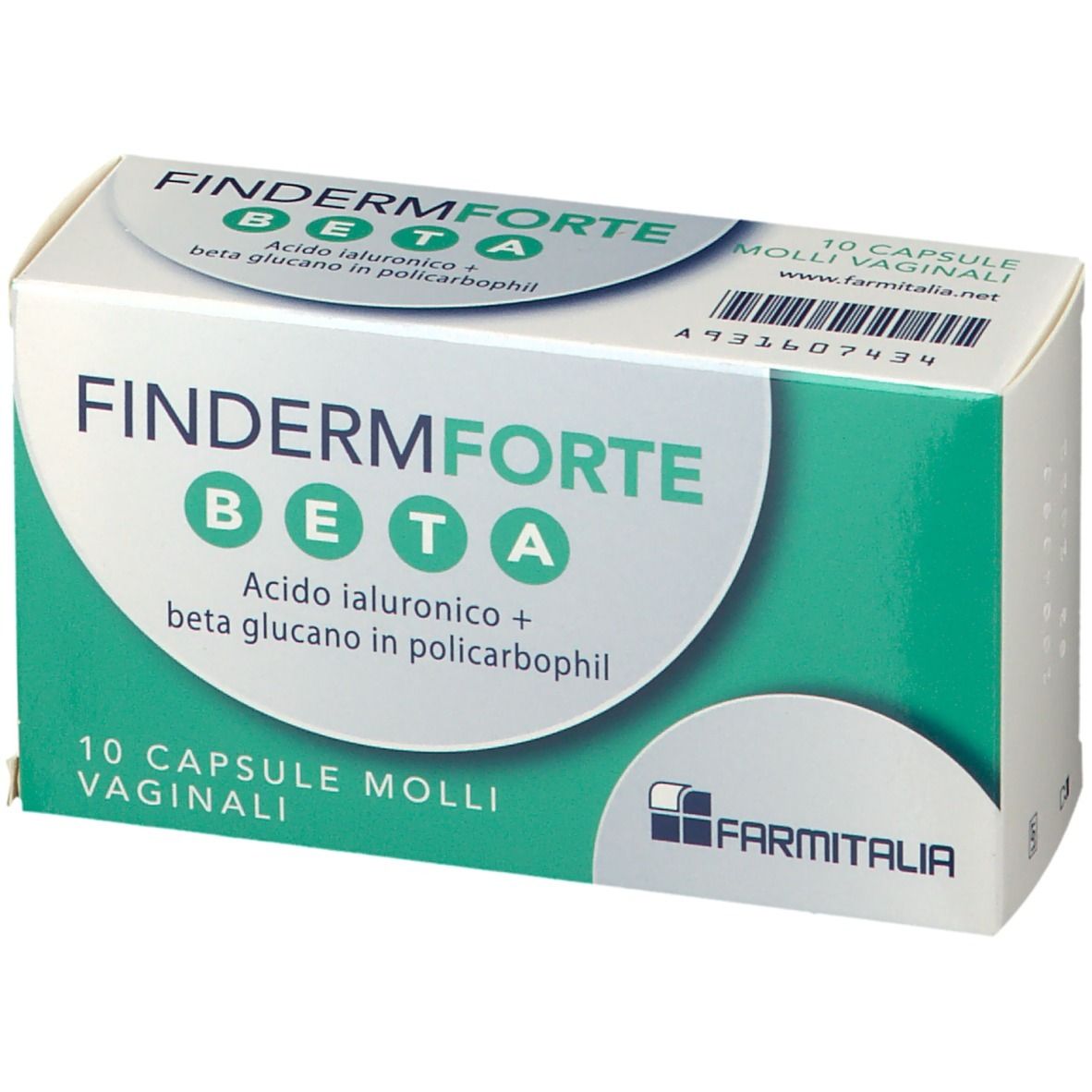 Scatola di FINDERMFORTE BETA Ovuli vaginali. Scatola bianca con accento verde. Testo: FINDERMFORTE BETA, 10 Capsule Molli Vaginali.