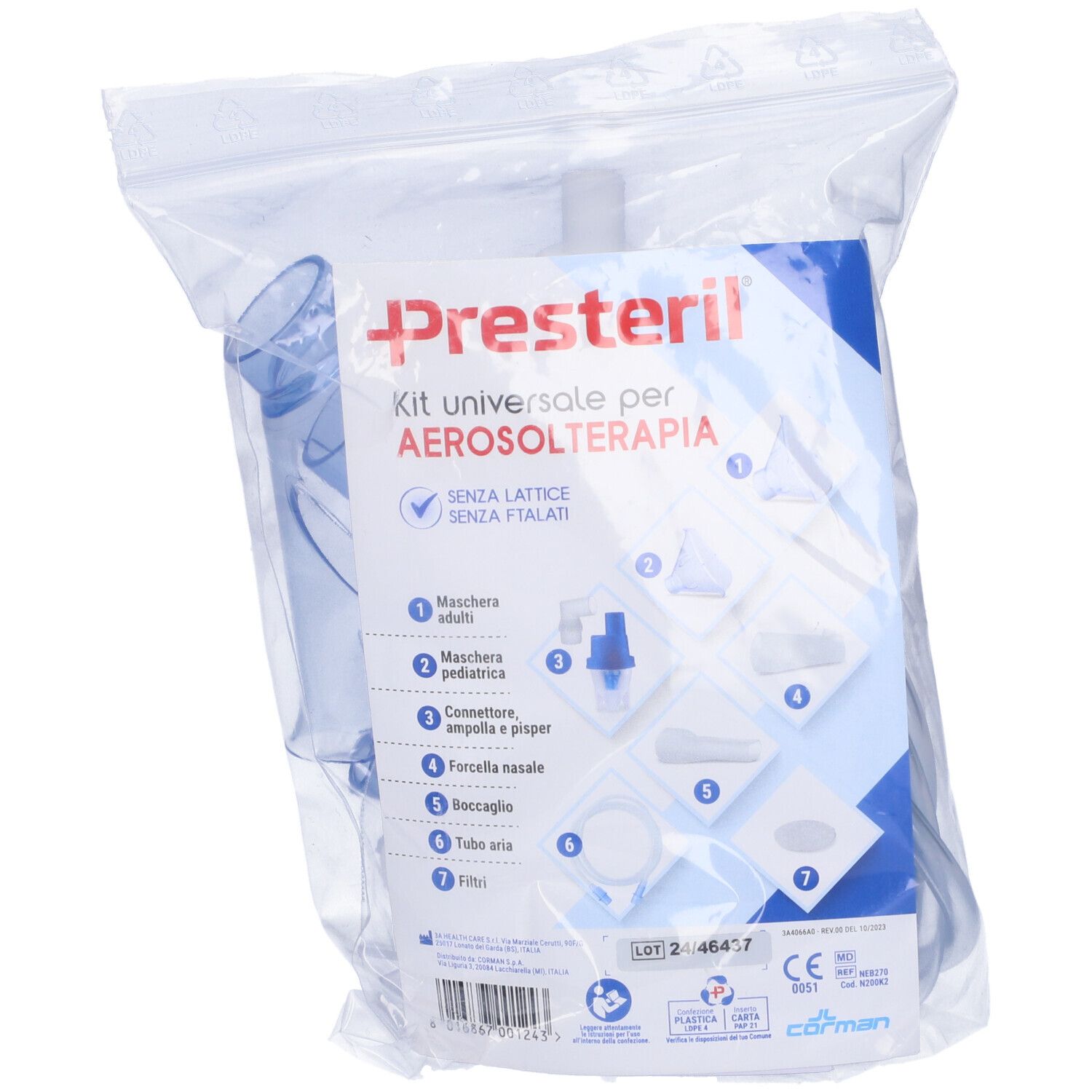 Kit aerosol in confezione plastica. Include maschere, ugelli, tubi e accessori. Testo: Presteril, Kit universale per Aerosol.