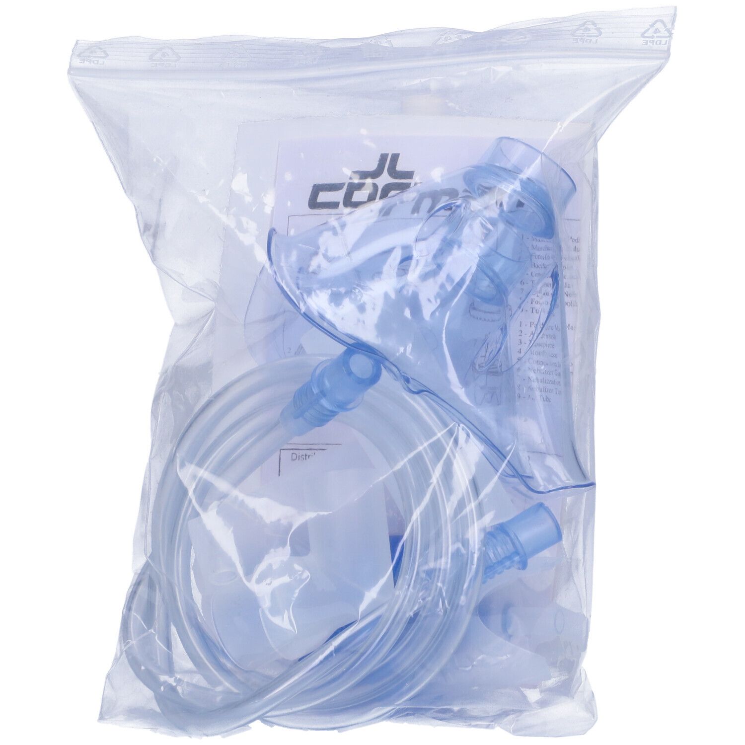 Kit aerosol in confezione plastica. Include maschera, tubo e accessori. Componenti blu. Testo illeggibile.