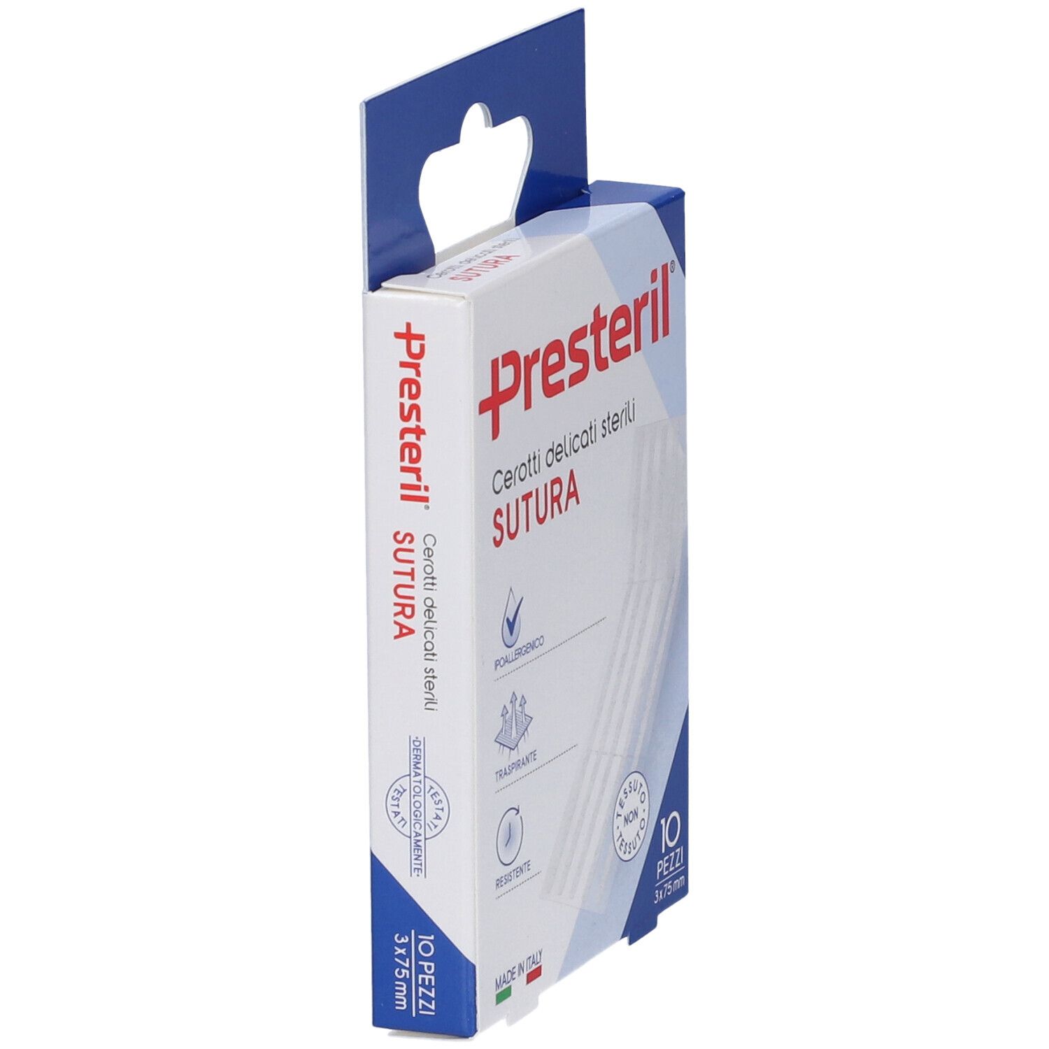 Presteril-Verpackung, Seitenansicht. Enthält 10 sterile Pflaster, 3x75mm. Verpackung mit Aufhänger.