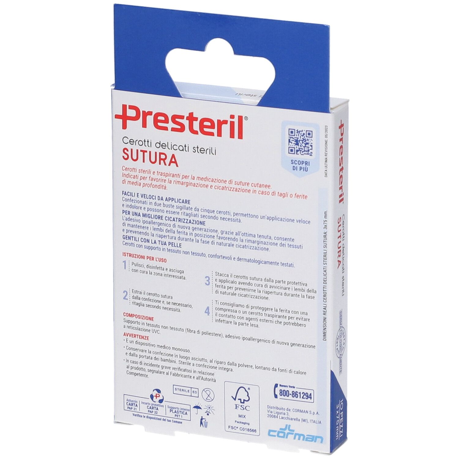 Rückseite der Presteril-Verpackung. Enthält Informationen zu den Pflastern. Mit QR-Code und FSC-Zertifizierung.