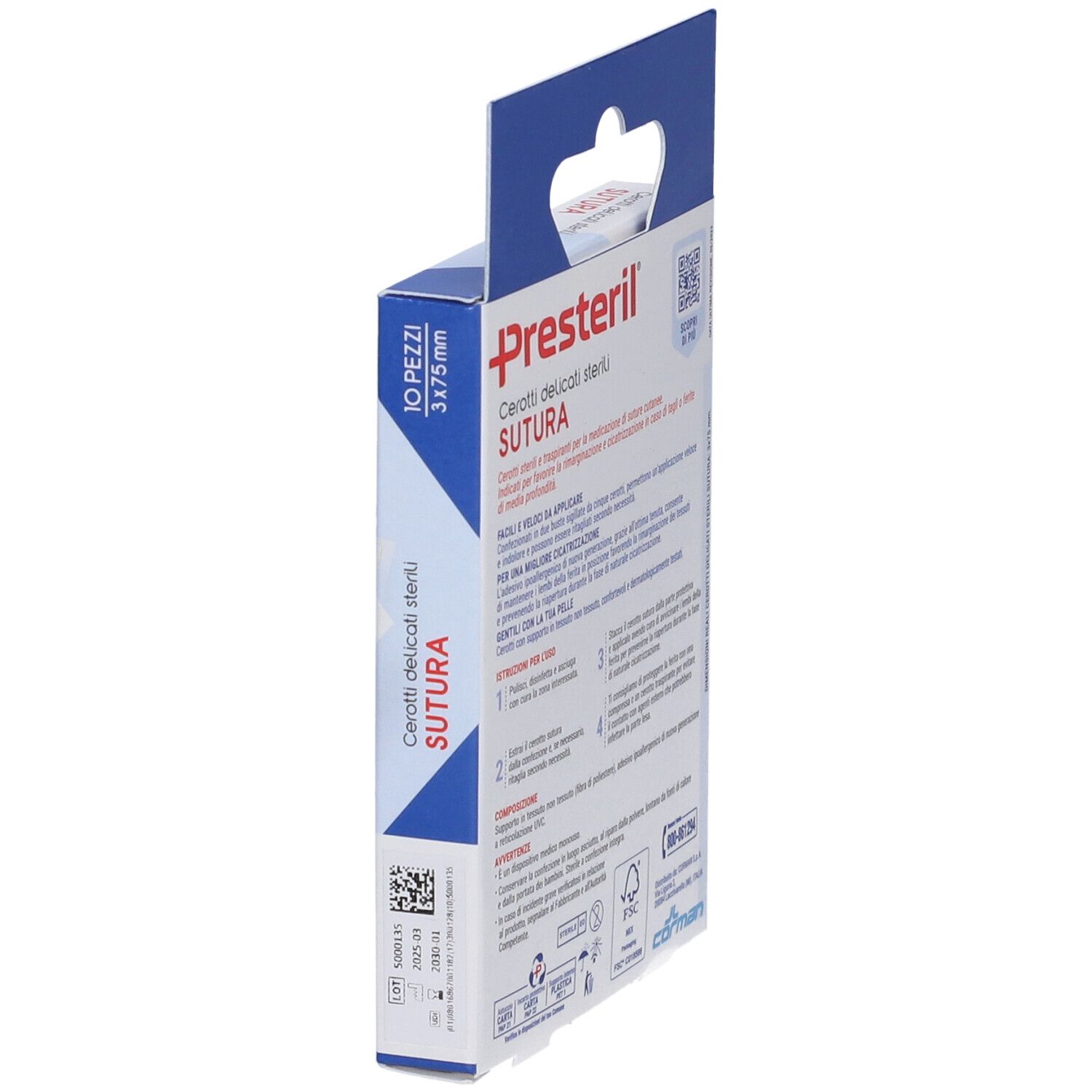 Seitenansicht der Presteril-Verpackung. Enthält Informationen zu den Pflastern. Mit QR-Code.