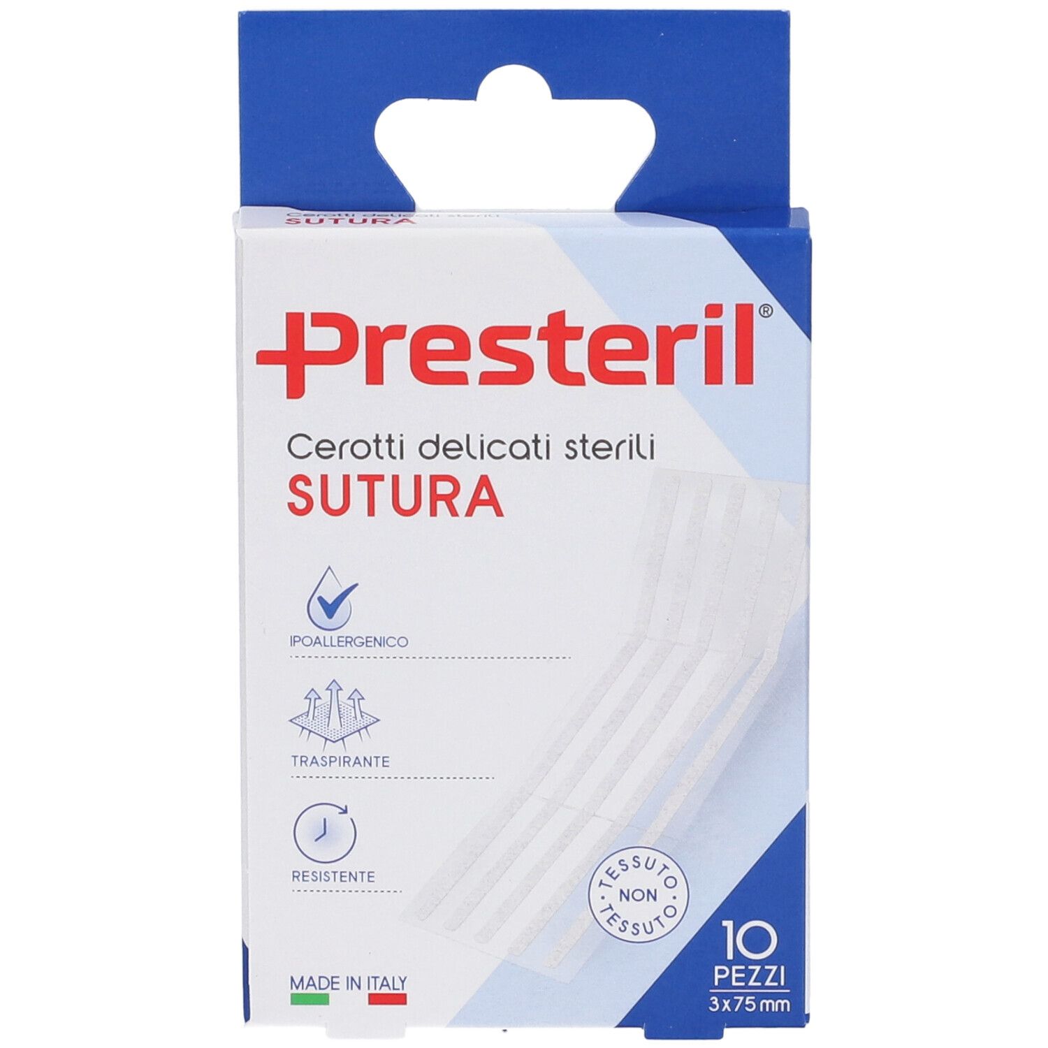 Verpackung mit dem Produktnamen Presteril. Enthält 10 sterile Pflaster, 3x75mm. Verpackung mit Aufhänger.