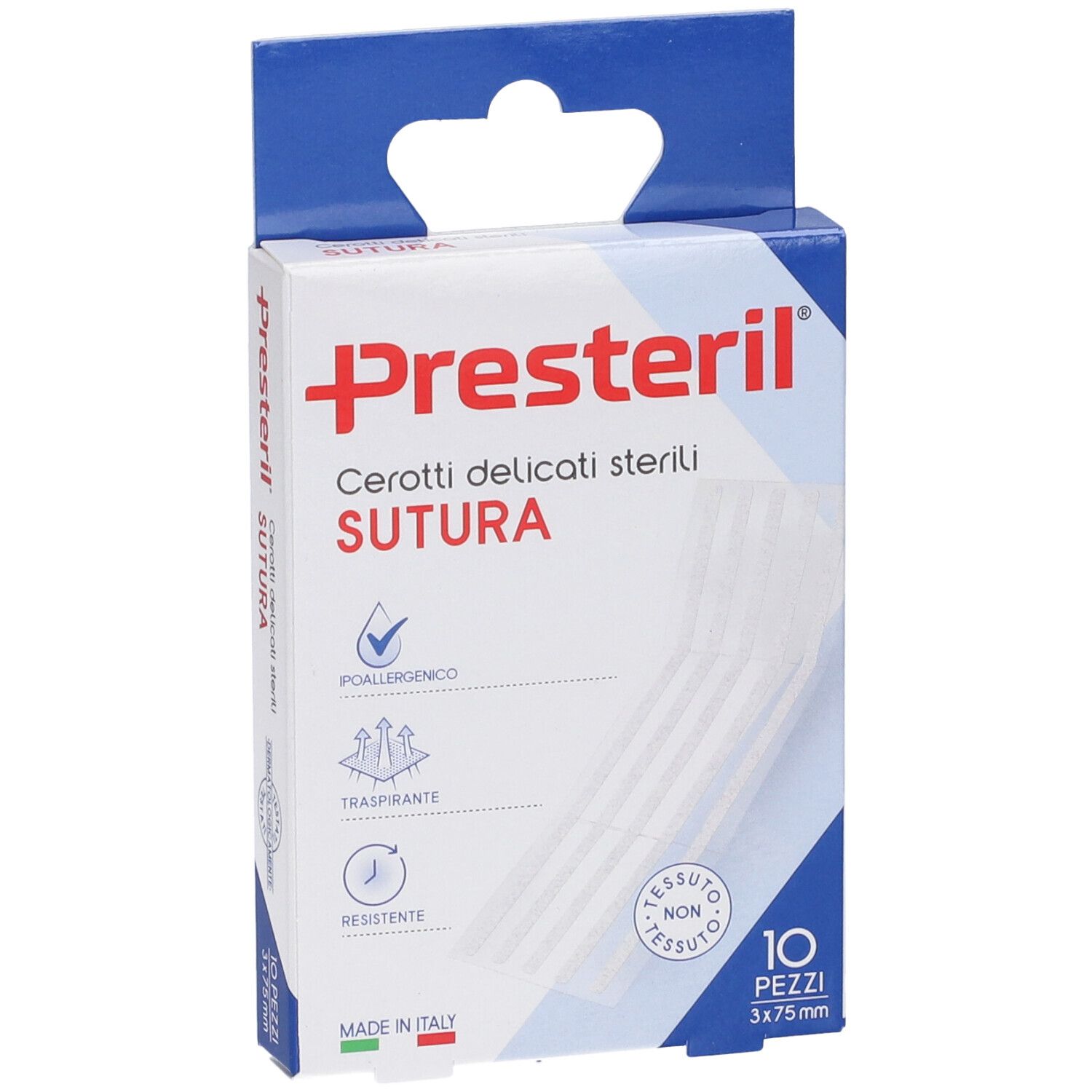 Verpackung mit dem Produktnamen Presteril. Enthält 10 sterile Pflaster, 3x75mm. Verpackung mit Aufhänger.