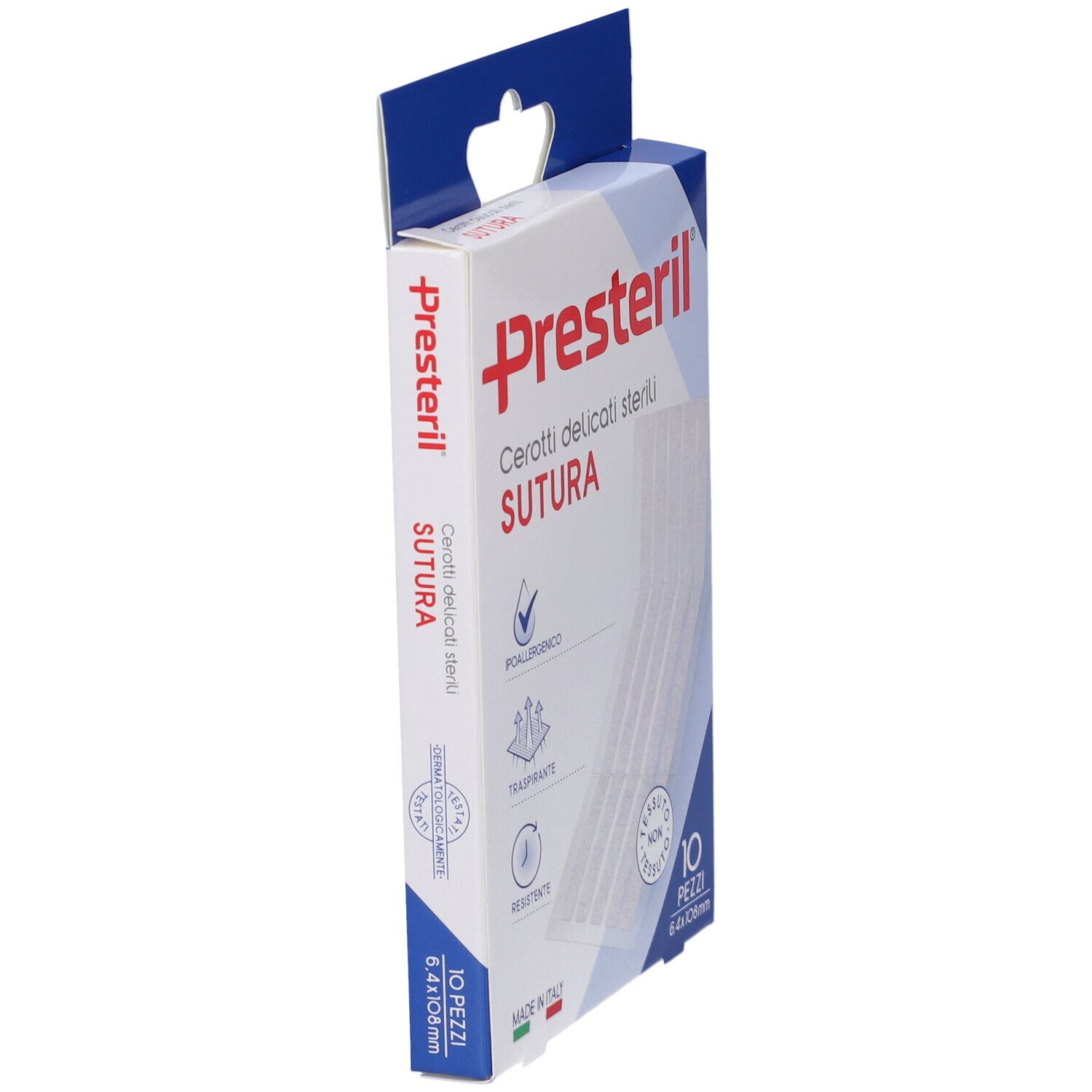 Presteril Cerotto per Sutura Verpackung, Seitenansicht. Enthält 10 sterile Wundverschlussstreifen. Größe 6,4x108mm. Made in Italy.