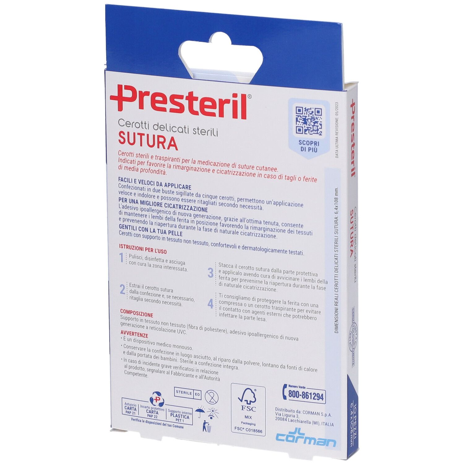 Rückseite der Presteril Cerotto per Sutura Verpackung. Enthält Informationen und Anweisungen. FSC-Zertifizierung und Kontaktinformationen.