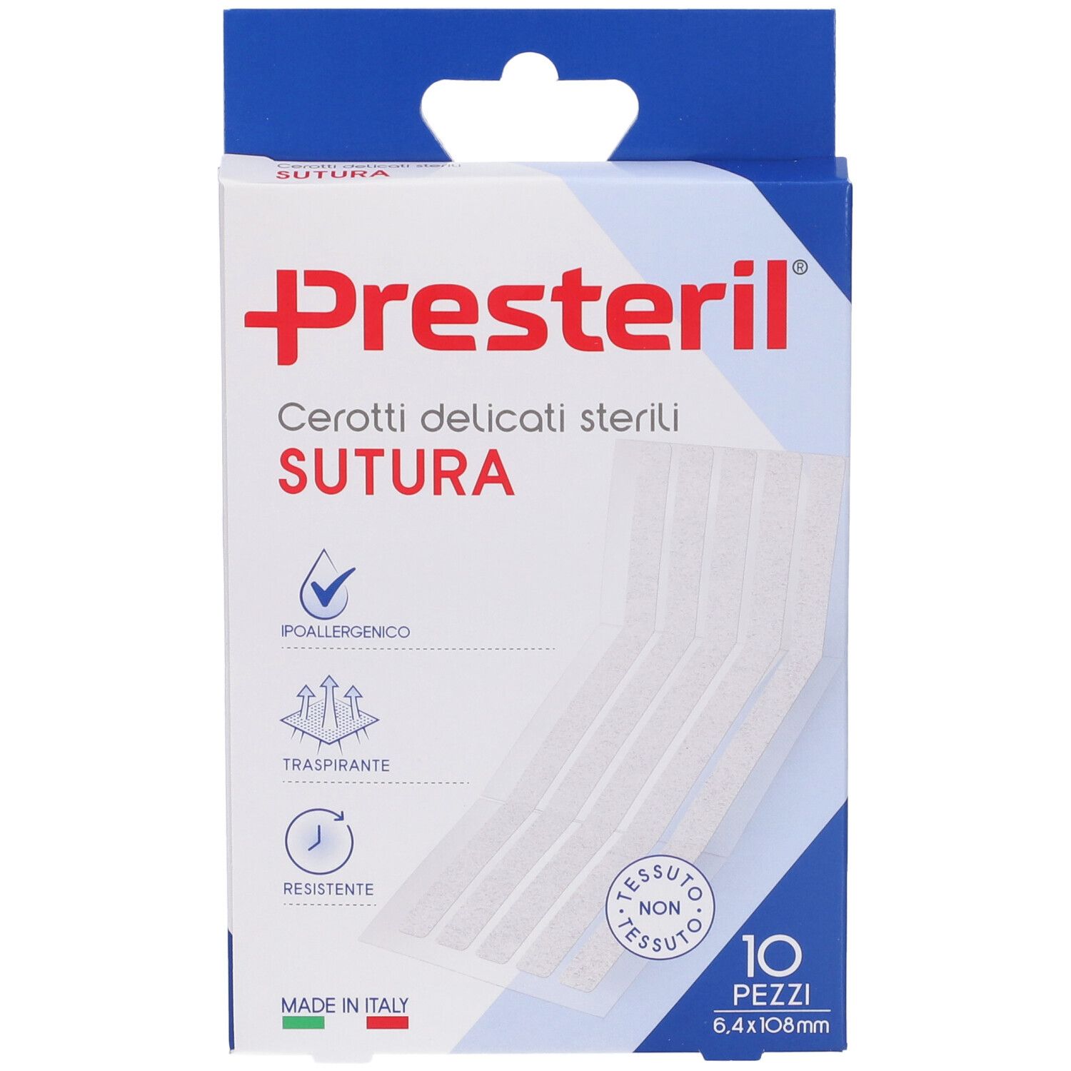 Presteril Cerotto per Sutura Verpackung. Enthält 10 sterile Wundverschlussstreifen. Größe 6,4x108mm. Poallergenico, traspirante, resistente.