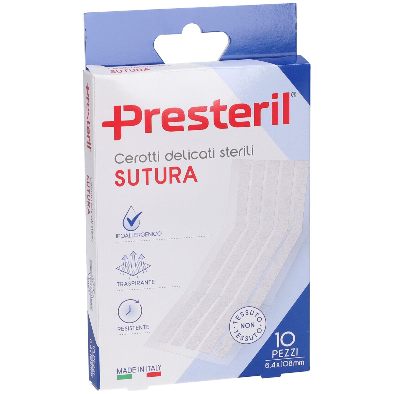 Presteril Cerotto per Sutura Verpackung. Enthält 10 sterile Wundverschlussstreifen. Größe 6,4x108mm. Poallergenico, traspirante, resistente.