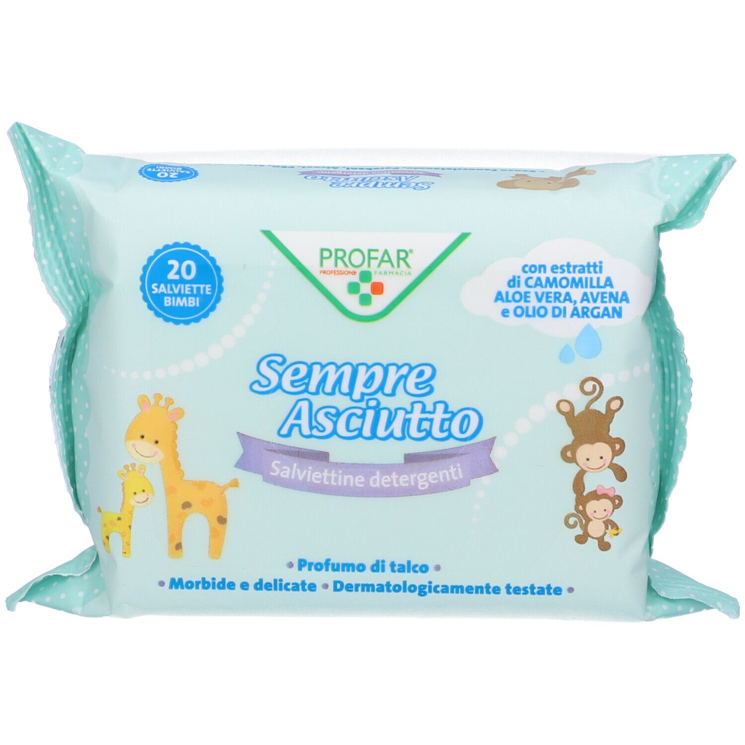 Confezione azzurra 'PROFAR Sempre Asciutto' di salviettine. 20 pezzi. Illustrazioni di giraffe e scimmie. Con ingredienti.