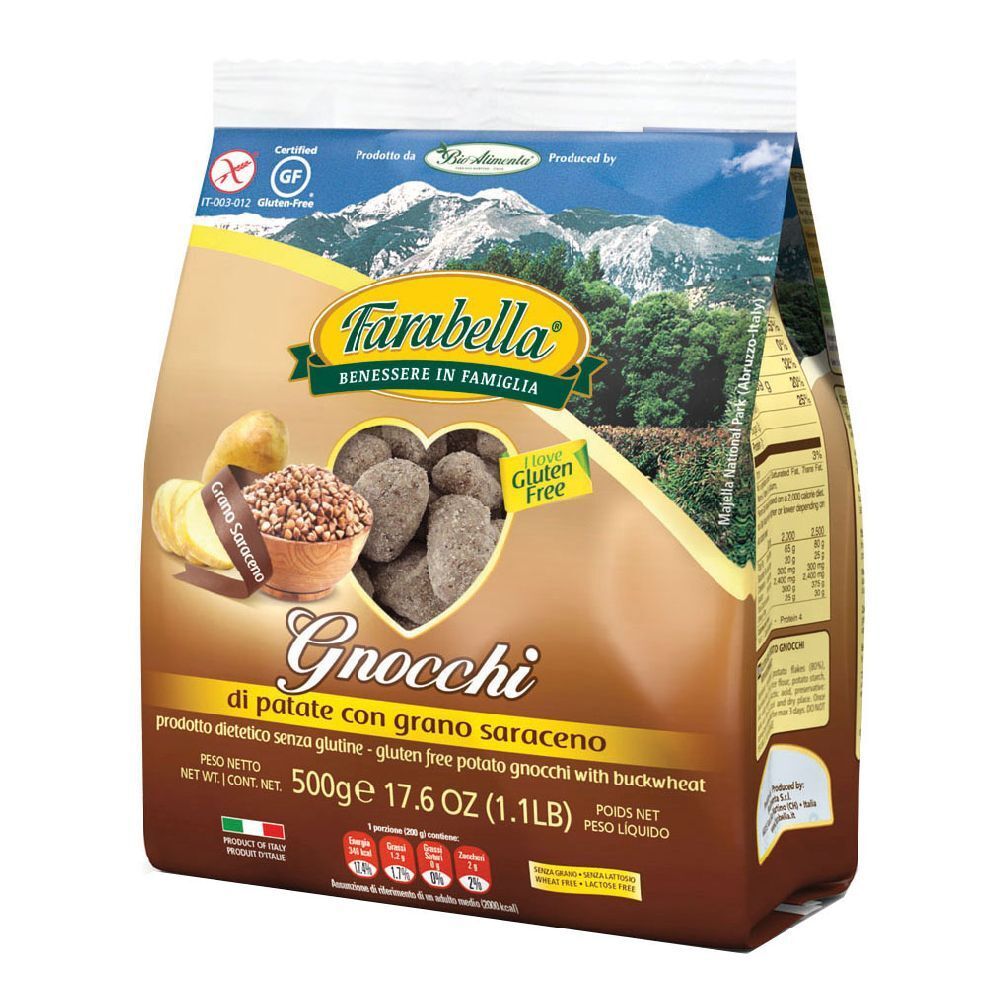 Confezione di Gnocchi di Patate con Grano Saraceno Senza Glutine Farabella. Logo senza glutine, sfondo montuoso.