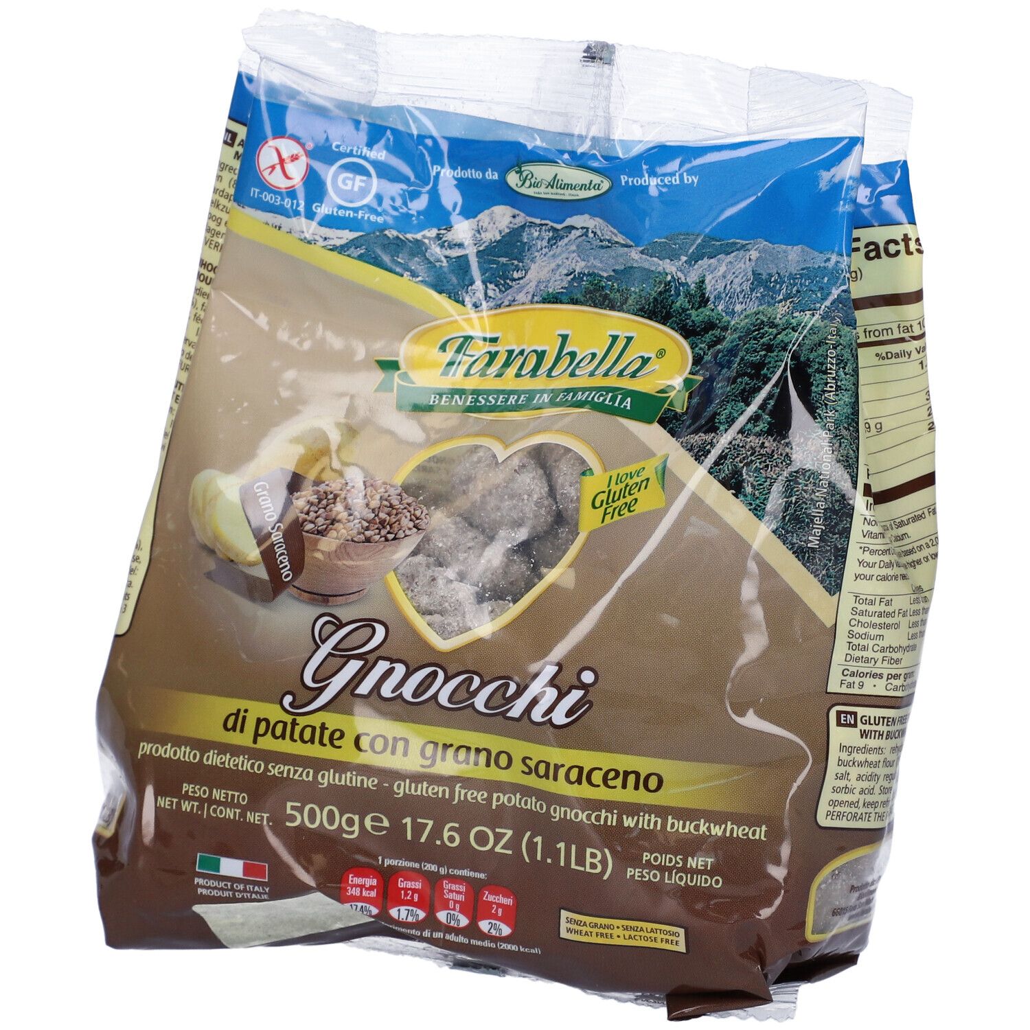 Confezione Farabella Gnocchi di Patate con Grano Saraceno Senza Glutine. Vista dall'alto, parzialmente trasparente.