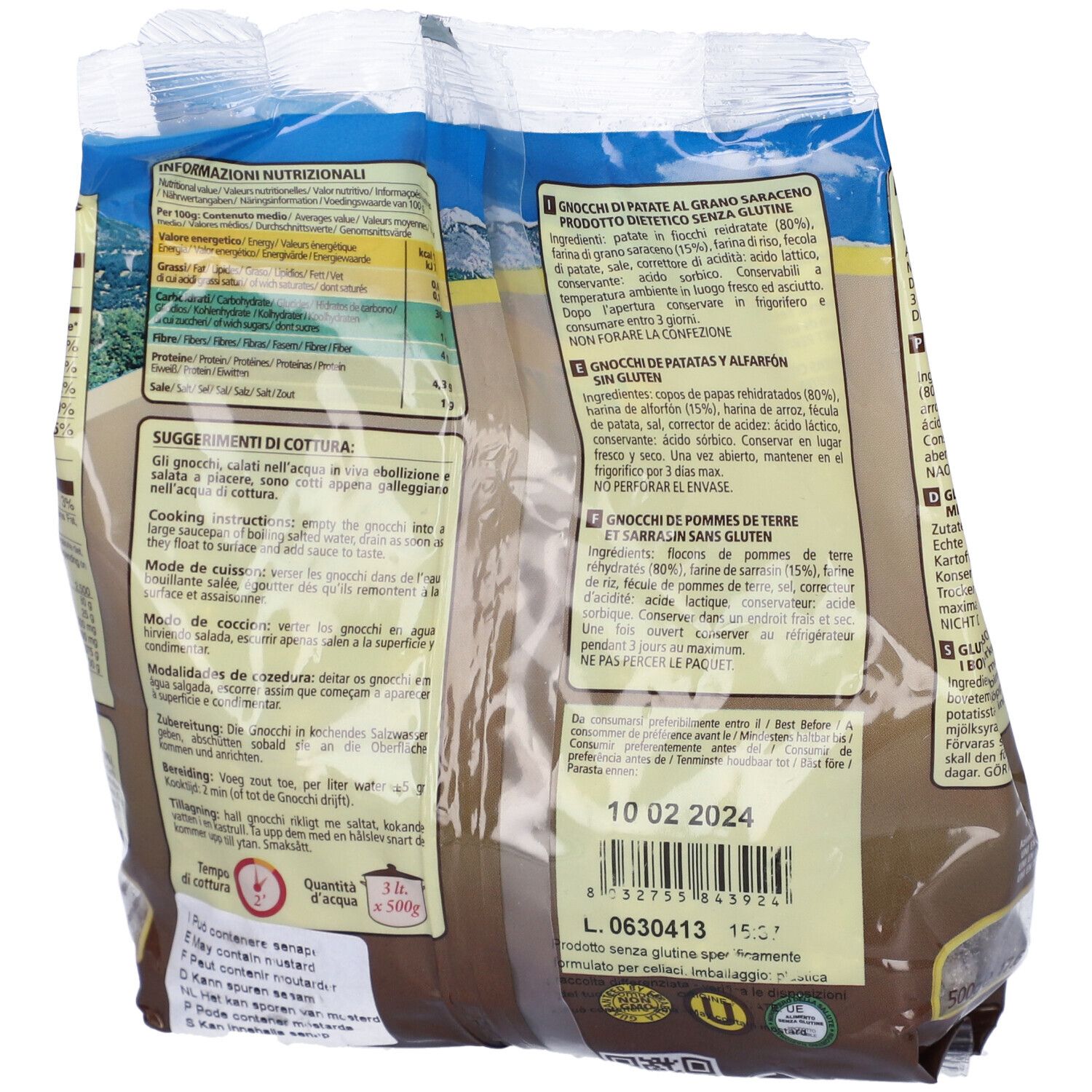 Retro della confezione Farabella Gnocchi di Patate con Grano Saraceno Senza Glutine. Testo e informazioni nutrizionali.