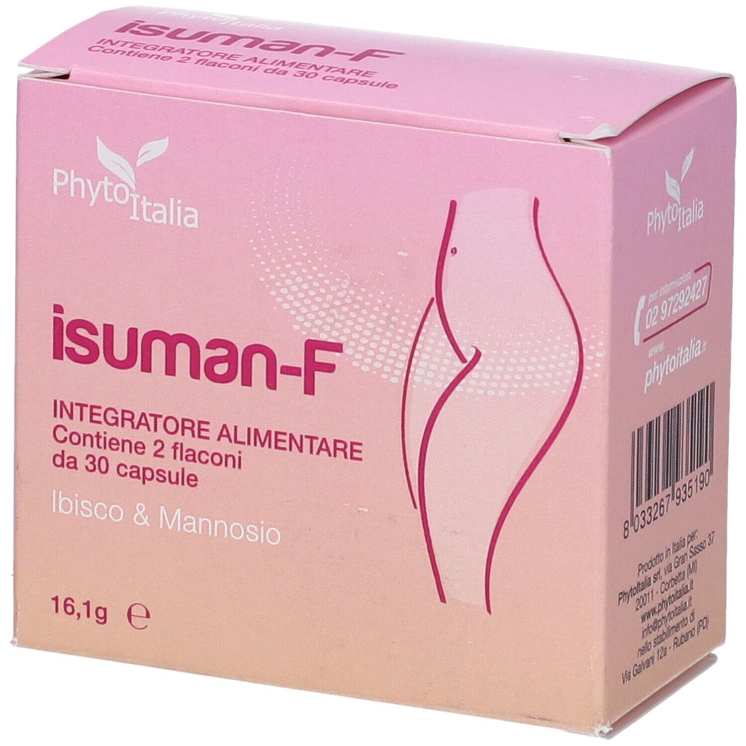 Scatola rosa con nome e logo del prodotto. Contiene 2 flaconi da 30 capsule. Marchio: Phyto Italia.