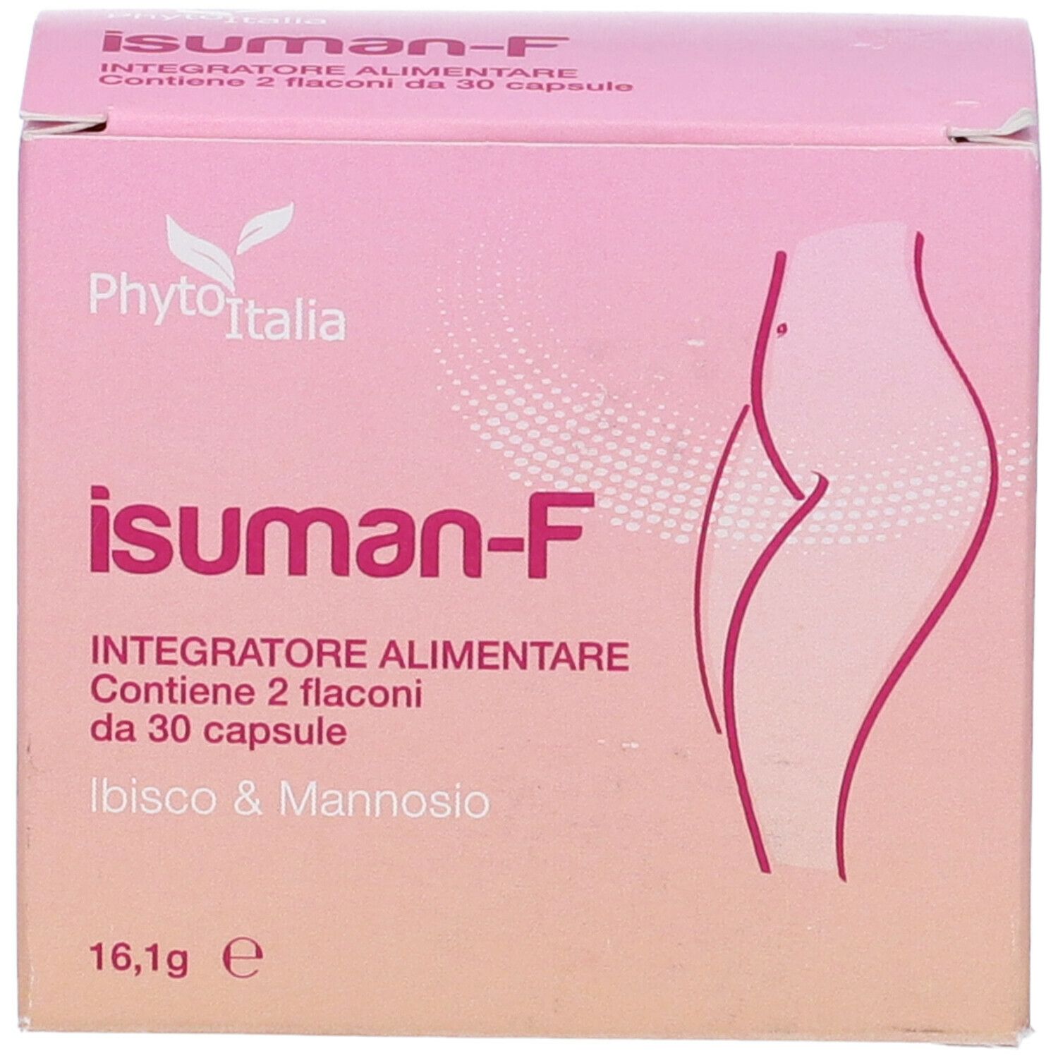 Scatola rosa con nome e logo del prodotto. Contiene 2 flaconi da 30 capsule. Marchio: Phyto Italia.