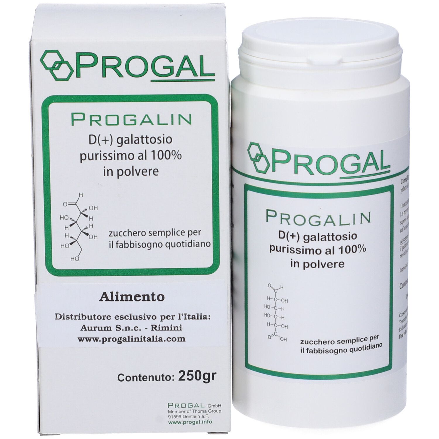 Barattolo e confezione PROGALIN. Scritta: D(+) galattosio, purissimo al 100% in polvere. 250gr. Zucchero semplice.