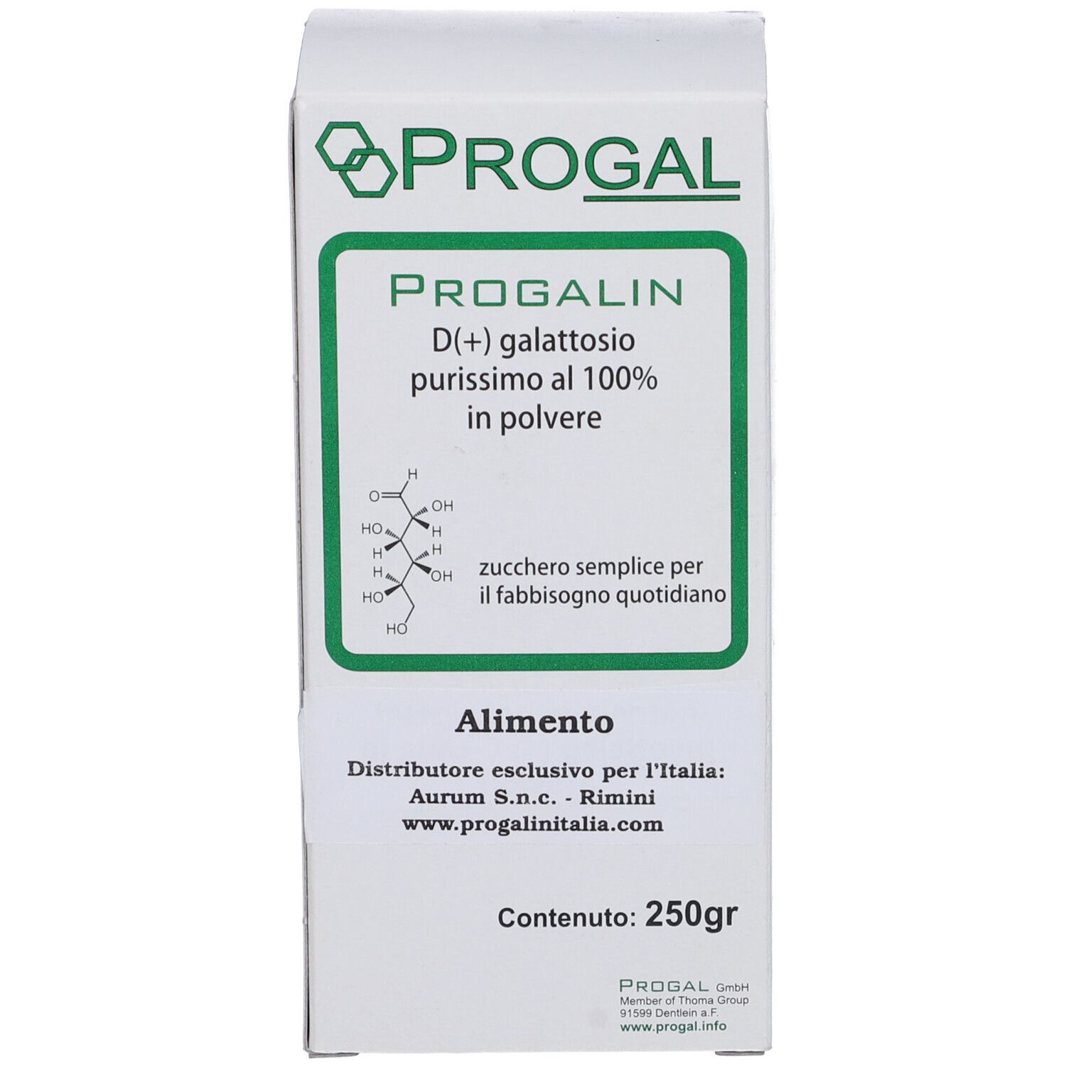 Confezione PROGALIN. Scritta: D(+) galattosio, purissimo al 100% in polvere. 250gr. Zucchero semplice. Alimento.