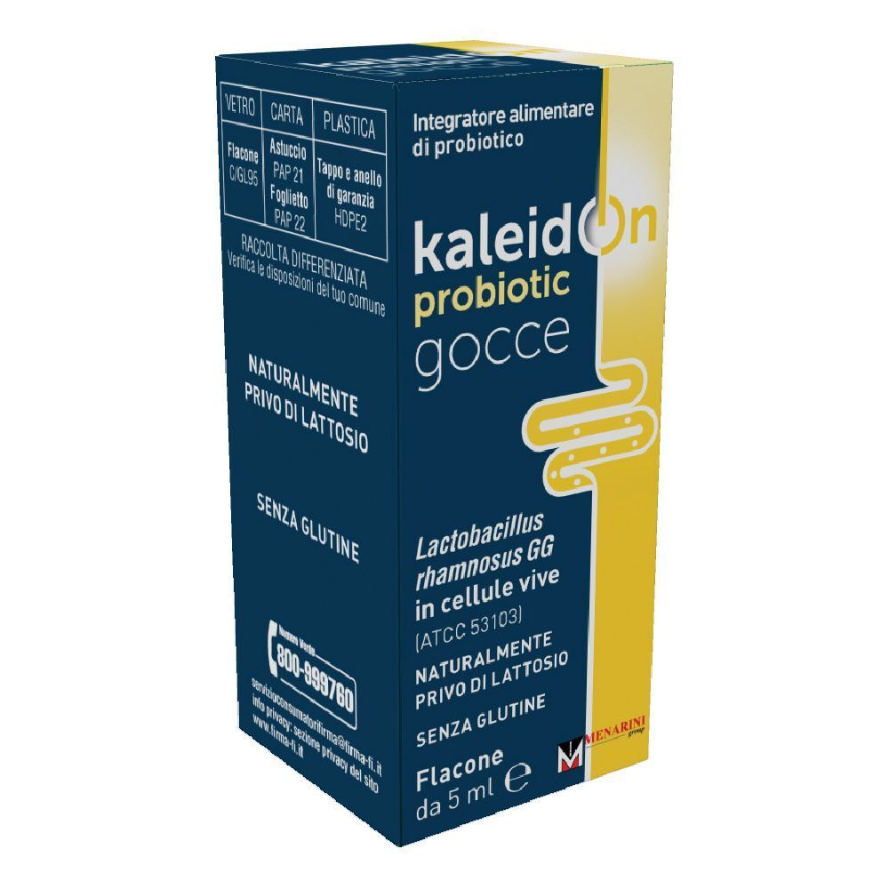 Boîte de Kaleidon Probiotische Gocce. Couleurs bleu et jaune. Contient des informations sur les ingrédients et le fabricant.
