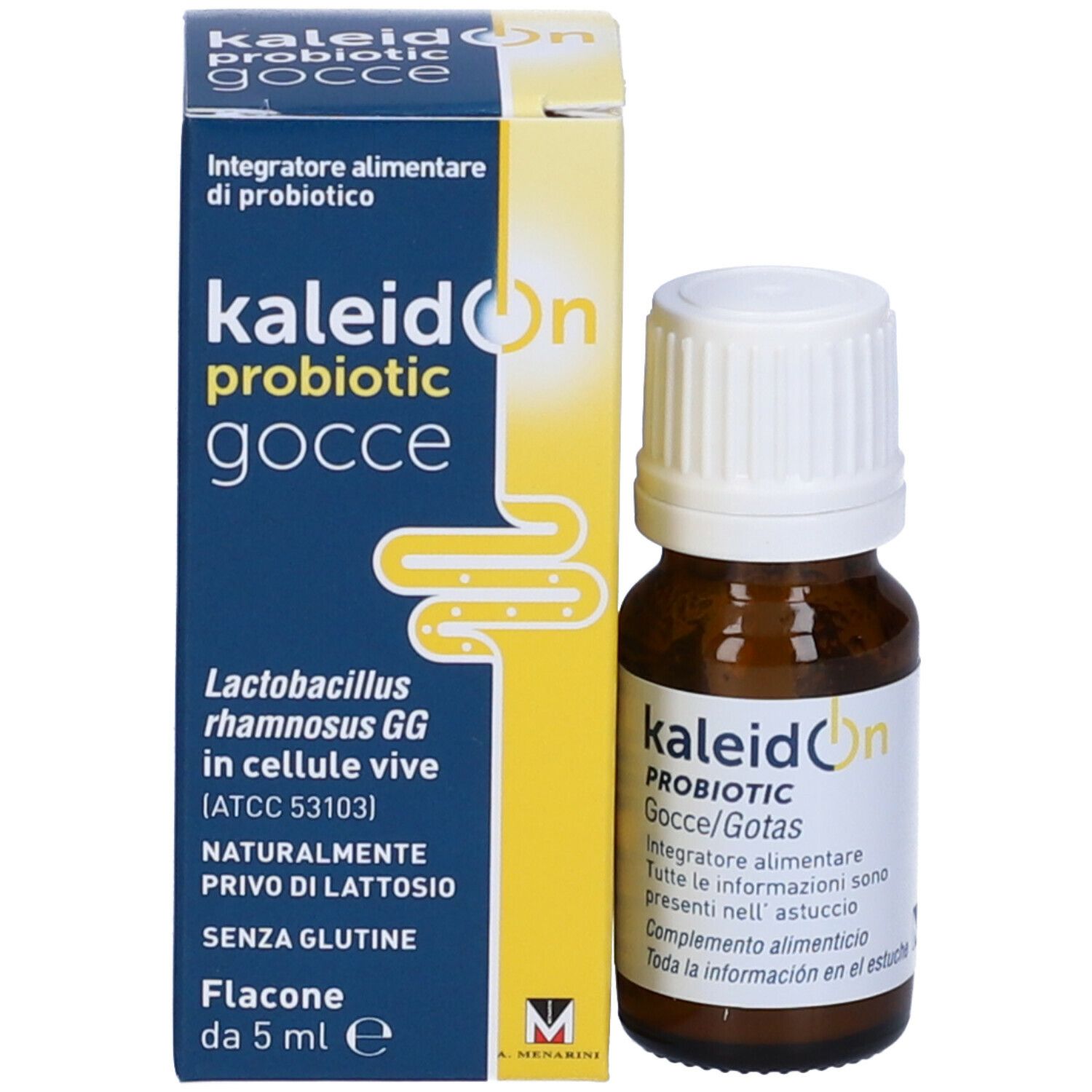 Flacon en verre brun et boîte de Kaleidon Probiotische Gocce. Flacon compte-gouttes.