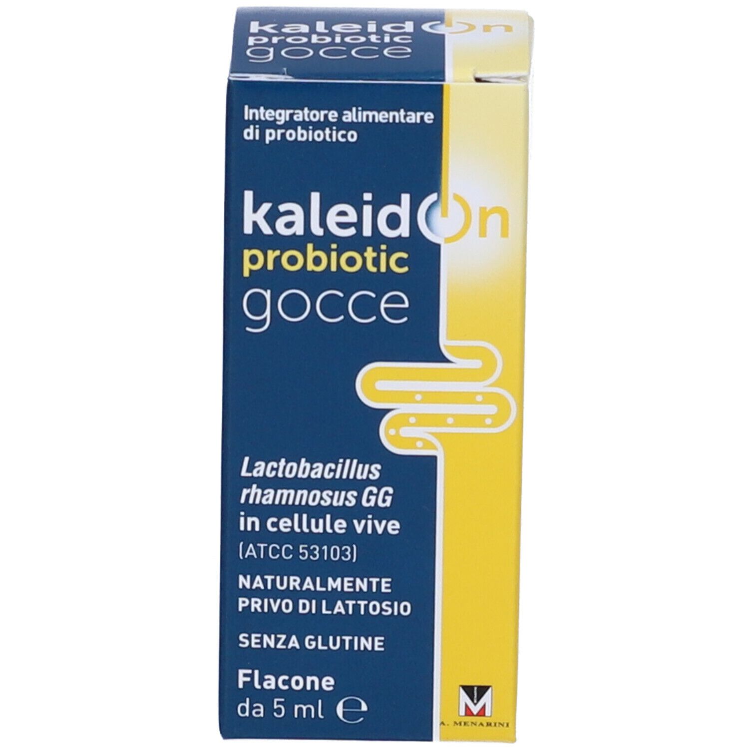 Boîte de Kaleidon Probiotische Gocce. Couleurs bleu et jaune. Contient des informations sur les ingrédients et le fabricant.