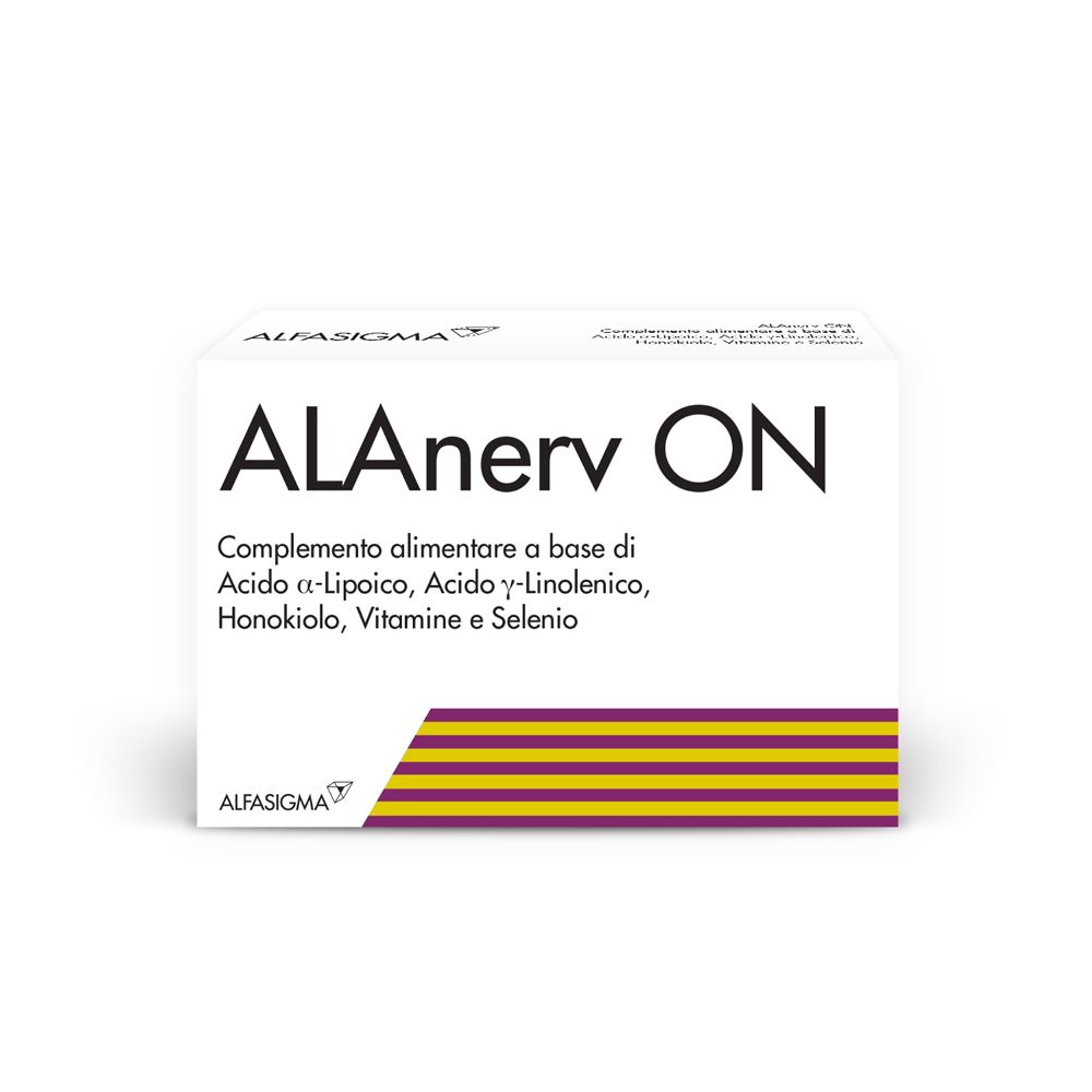 Weiße Schachtel mit ALAnerv ON-Logo und Produktinformationen. Gelb-lila Streifenmuster unten.