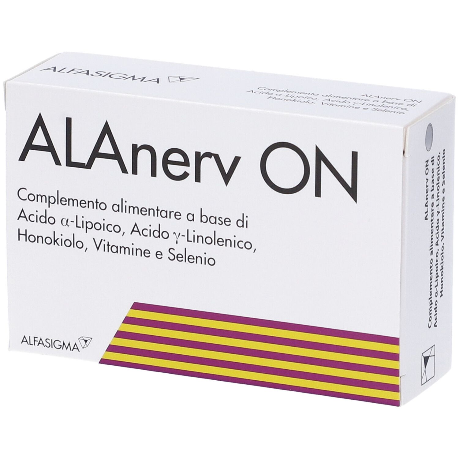 Weiße Schachtel mit ALAnerv ON-Logo und Produktinformationen. Gelb-lila Streifenmuster unten.