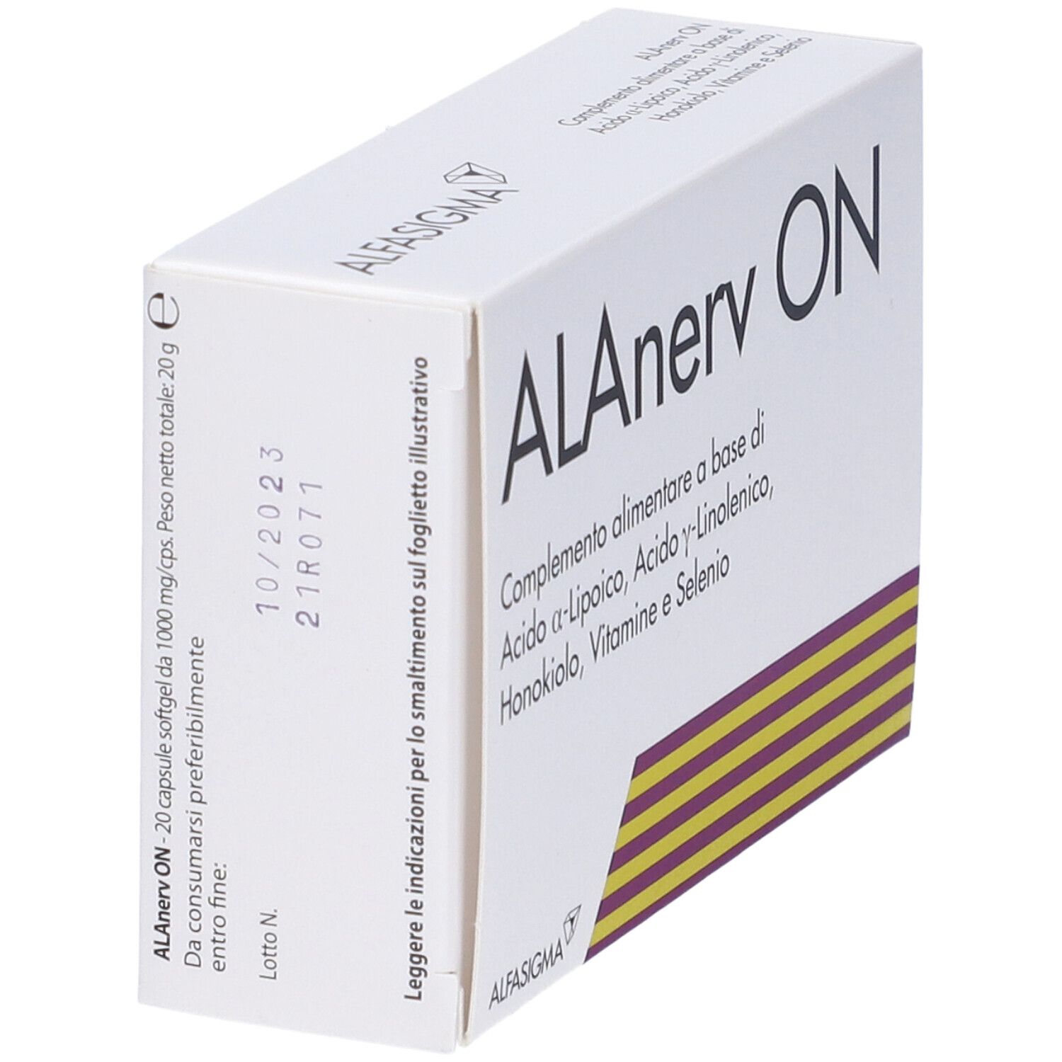 Weiße Schachtel, ALAnerv ON. Produktinformationen, Inhaltsstoffe, Verfallsdatum 10/2023.
