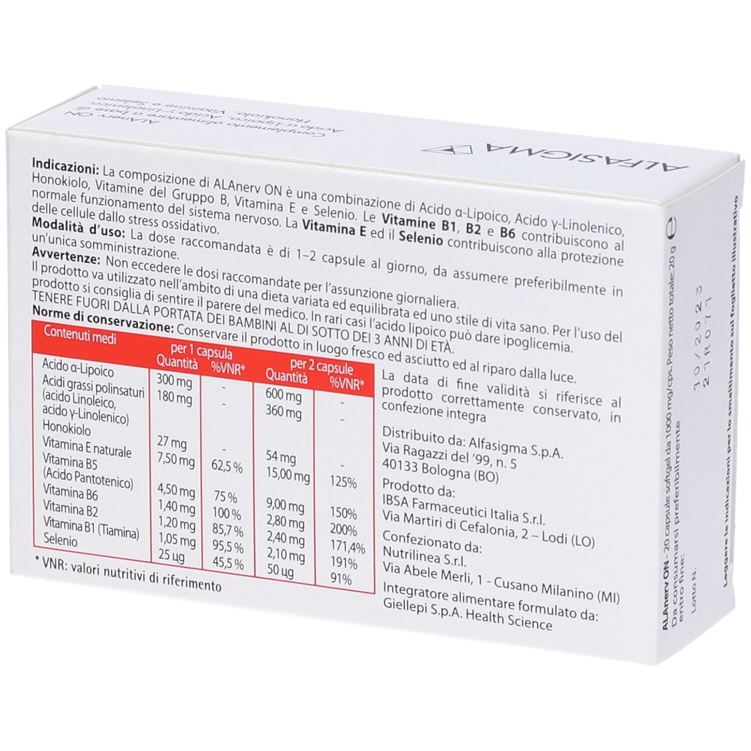 Weiße Schachtel, ALAnerv ON. Produktinformationen, Inhaltsstoffe, Nährwerttabelle, Hersteller.