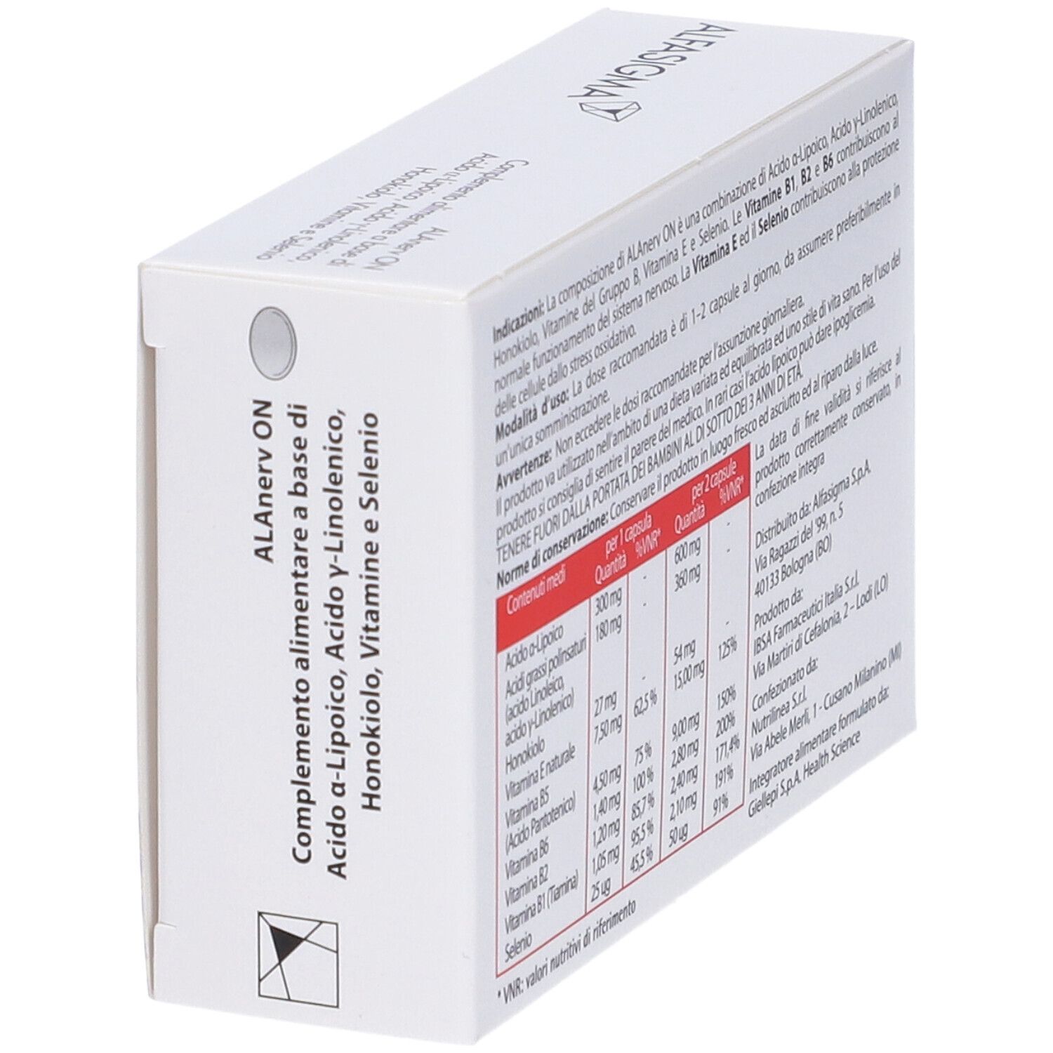 Weiße Schachtel, ALAnerv ON. Produktinformationen, Inhaltsstoffe, Nährwerttabelle.