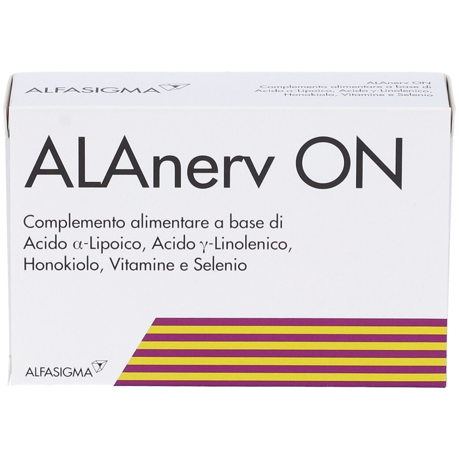 Weiße Schachtel mit ALAnerv ON-Logo und Produktinformationen. Gelb-lila Streifenmuster unten.