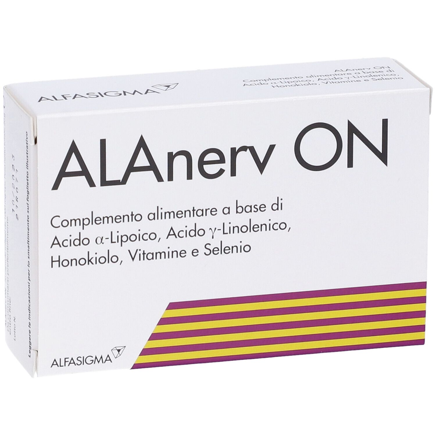 Weiße Schachtel mit ALAnerv ON-Logo und Produktinformationen. Gelb-lila Streifenmuster unten.