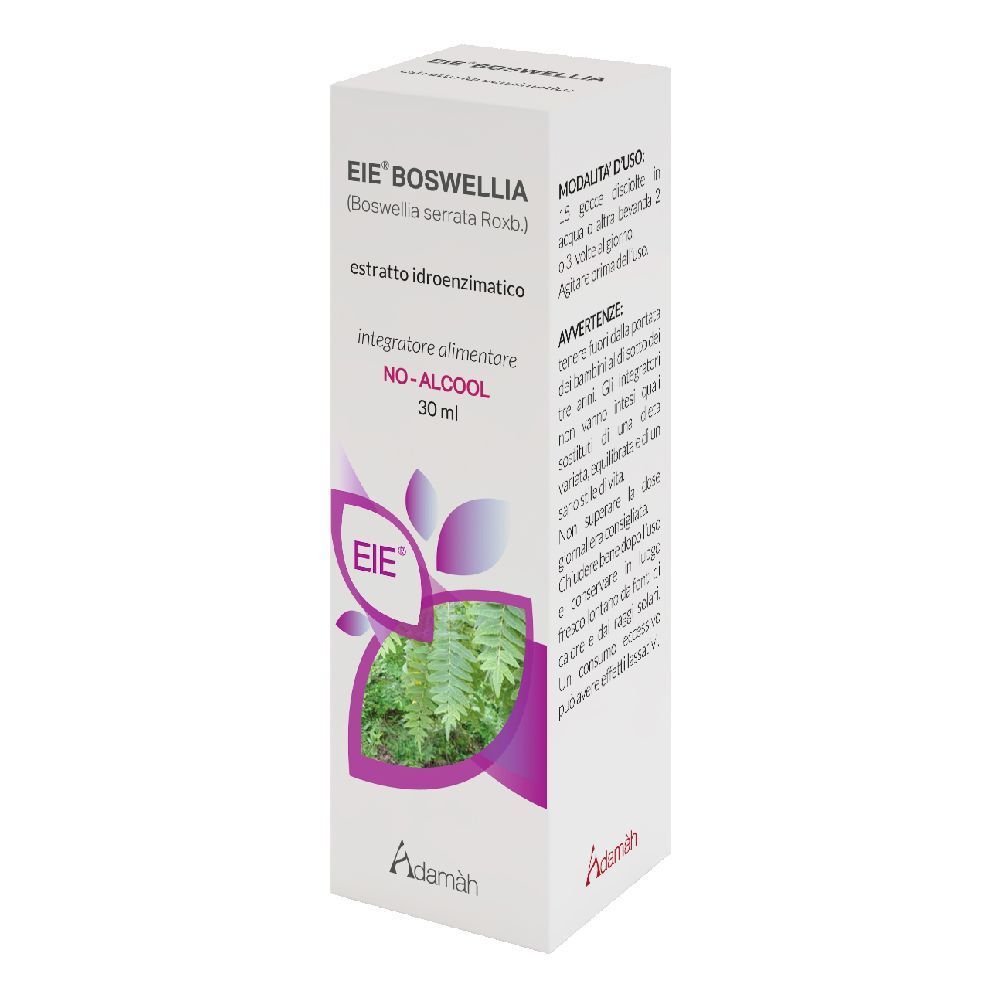 Scatola bianca con stampa del prodotto. Scritta: EIE Boswellia, 30 ml, NO-ALCOOL. Logo e immagine vegetale.
