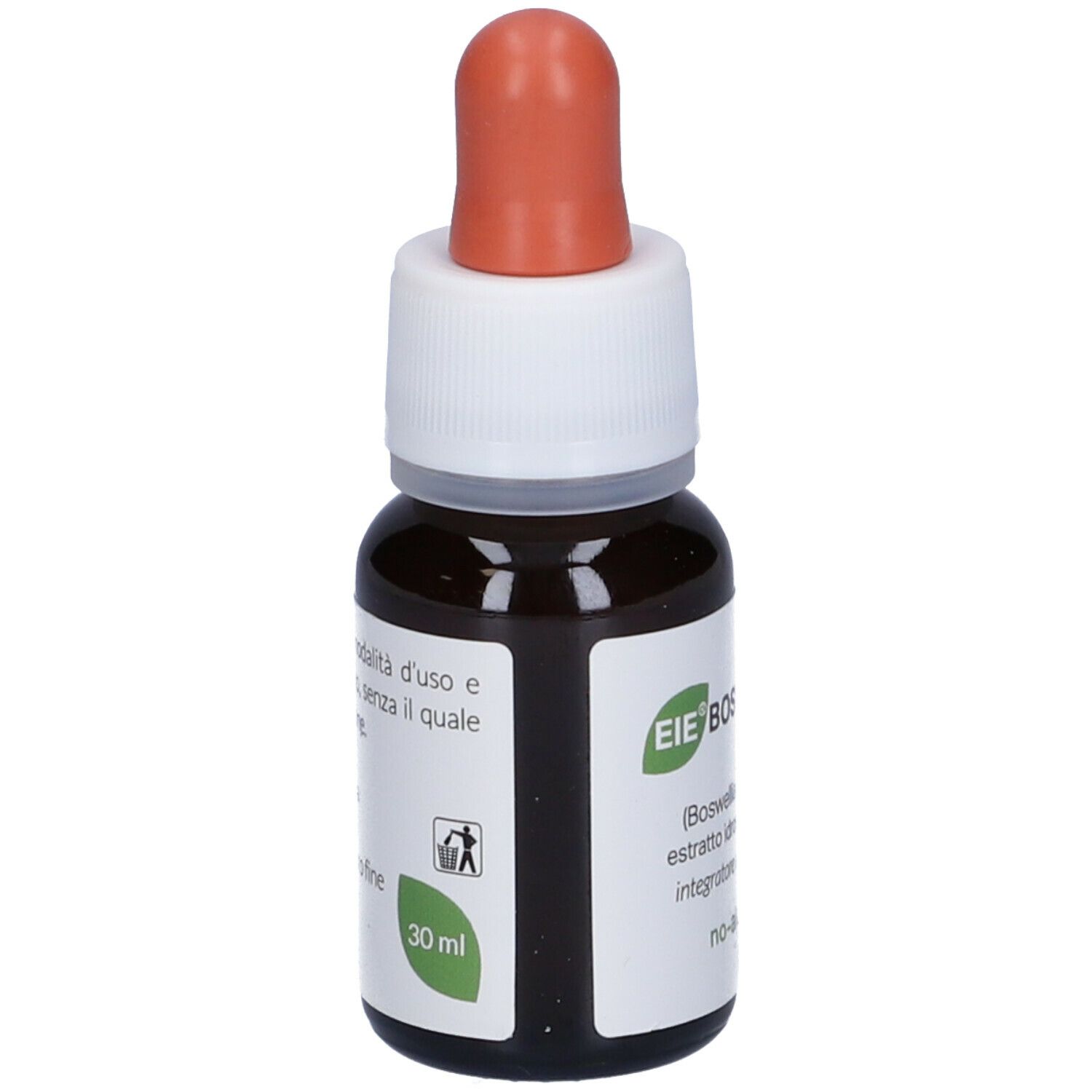 Flacone di vetro marrone con contagocce. Scritta: EIE Boswellia, 30 ml, no-alcool. Etichetta con informazioni.