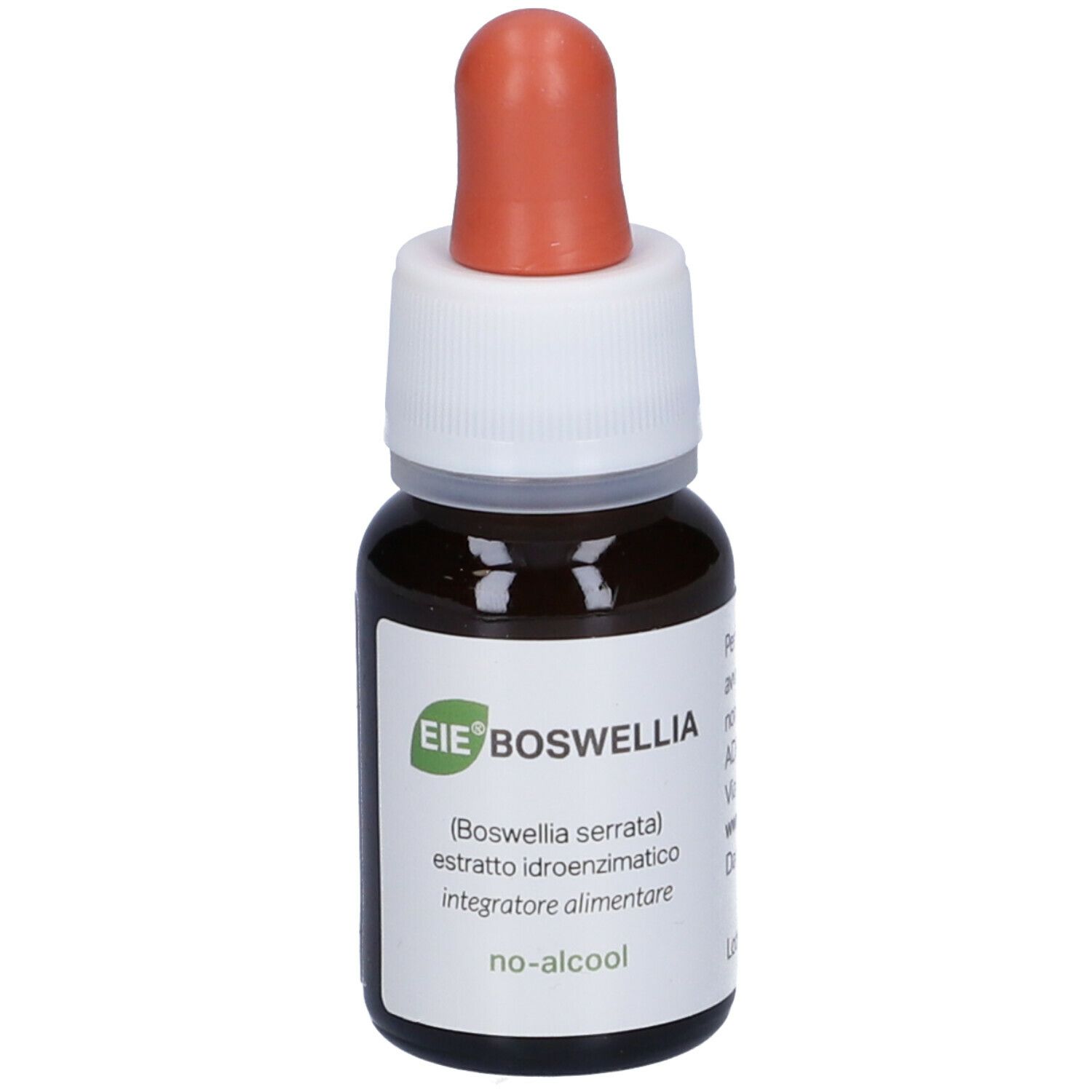 Flacone di vetro marrone con contagocce. Scritta: EIE Boswellia, no-alcool. Etichetta con informazioni.