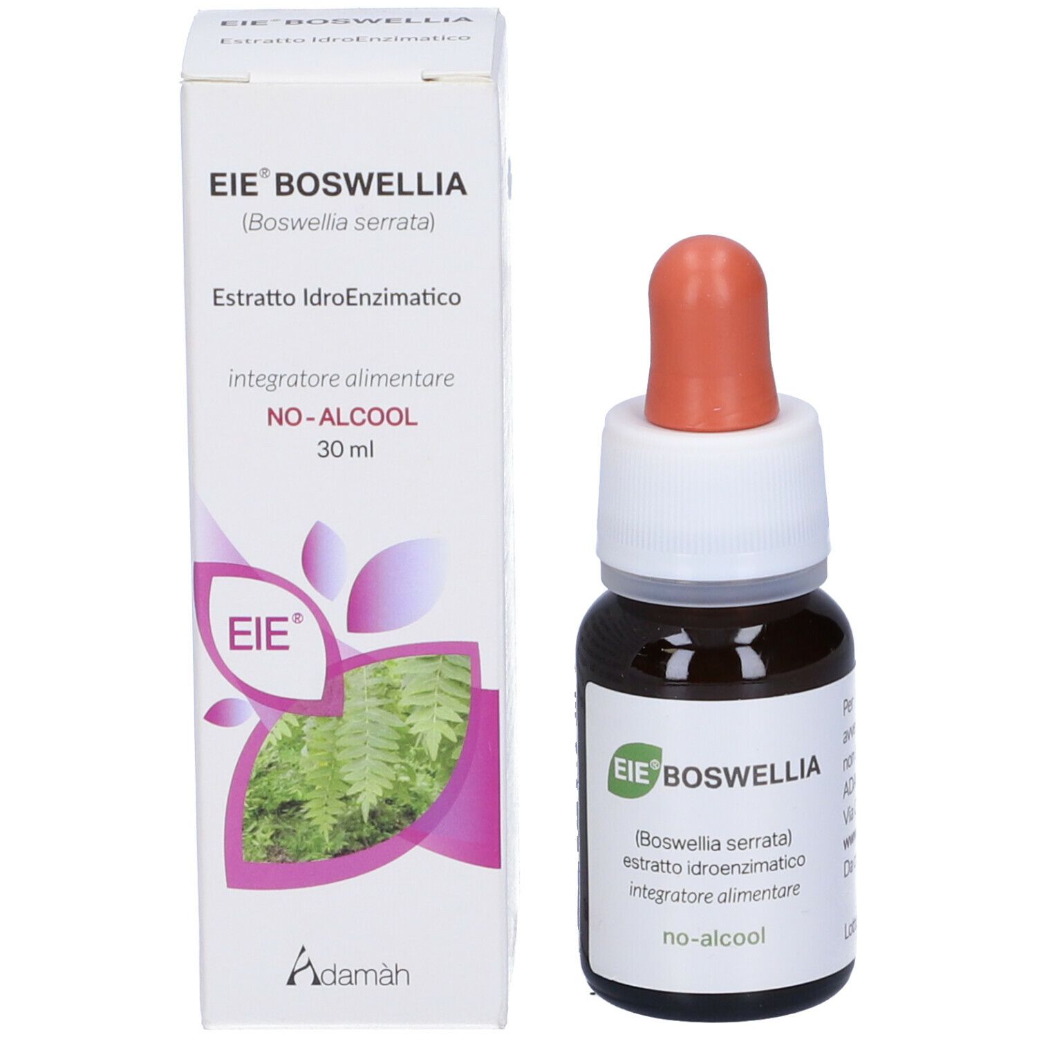 Flacone marrone con contagocce e scatola bianca. Scritta: EIE Boswellia, 30 ml, no-alcool. Logo e pianta.