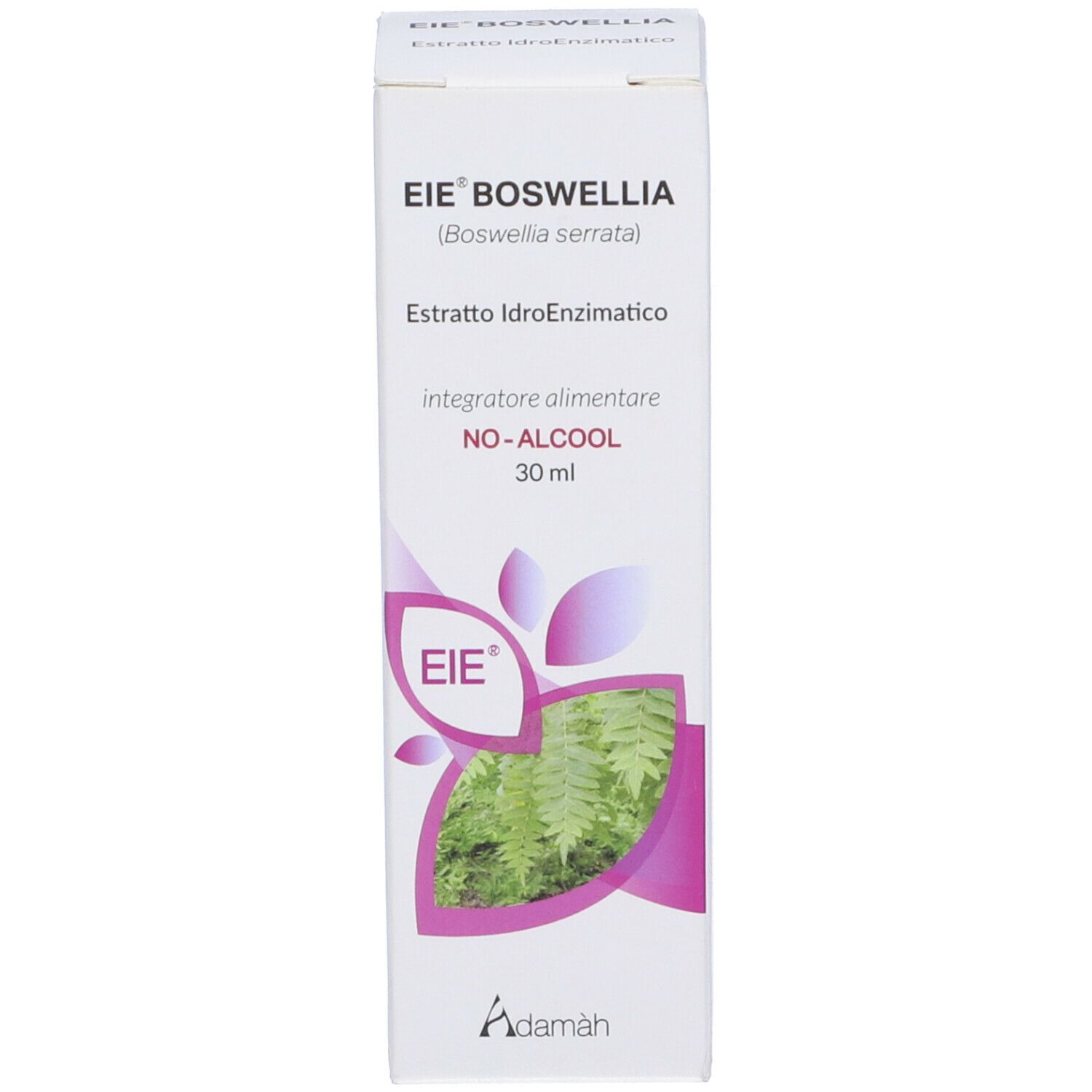 Scatola bianca con stampa del prodotto. Scritta: EIE Boswellia, 30 ml, NO-ALCOOL. Logo e immagine vegetale.