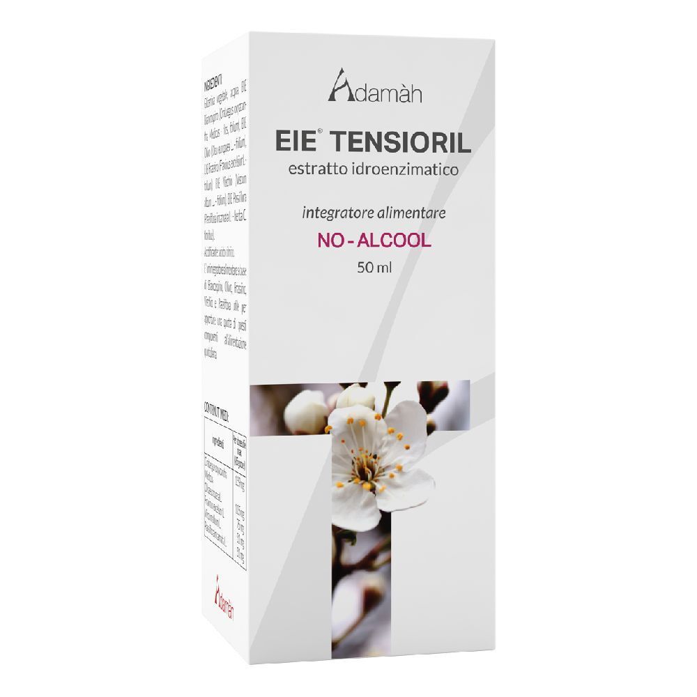 Adamàh EIE TENSIORIL, integratore alimentare, flacone da 50 ml. Scritta: NO-ALCOOL. Scatola bianca con informazioni sul prodotto.