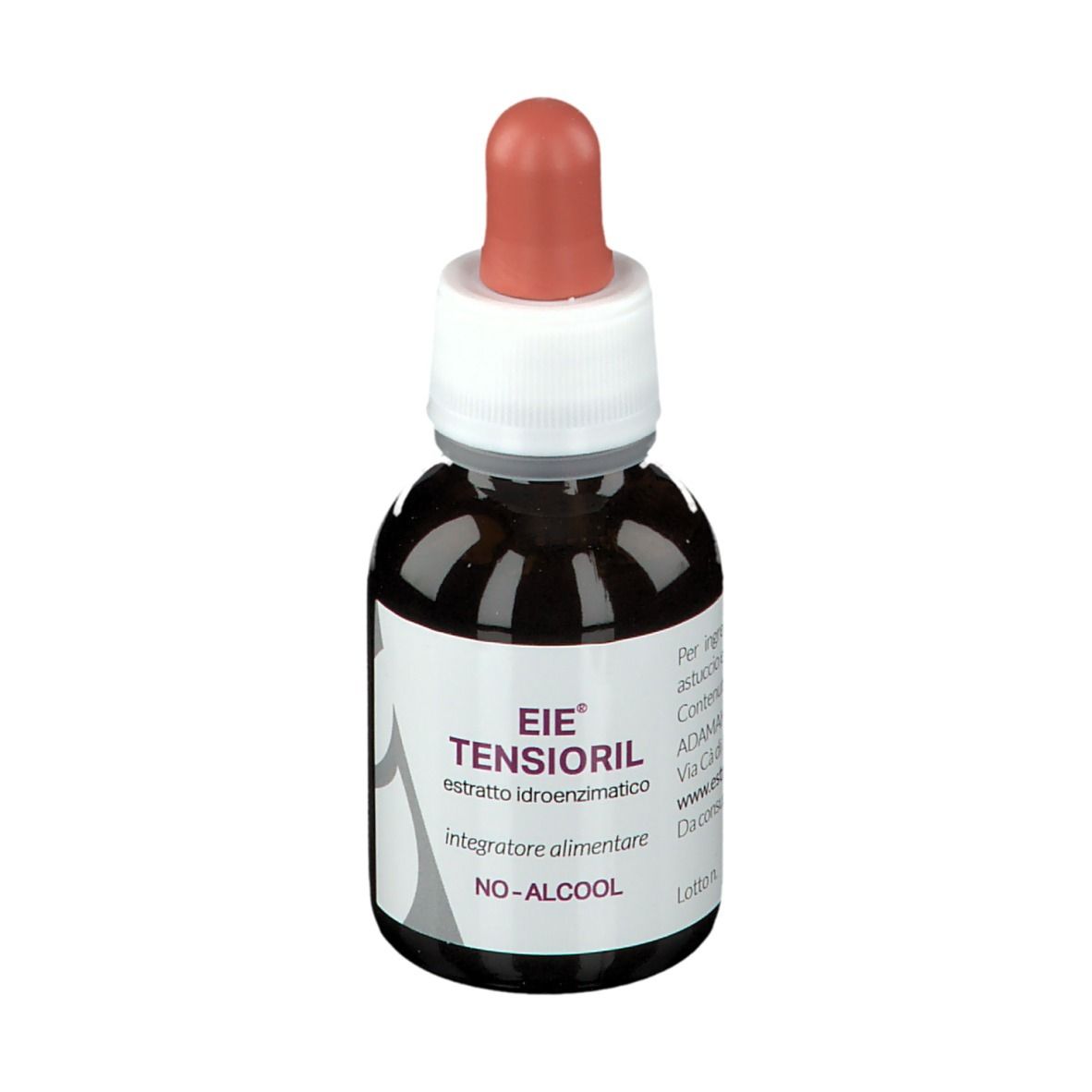 Flacone di vetro marrone con contagocce. Scritta: EIE TENSIORIL, NO-ALCOOL. Tappo bianco e contagocce rosa. Etichetta del prodotto.