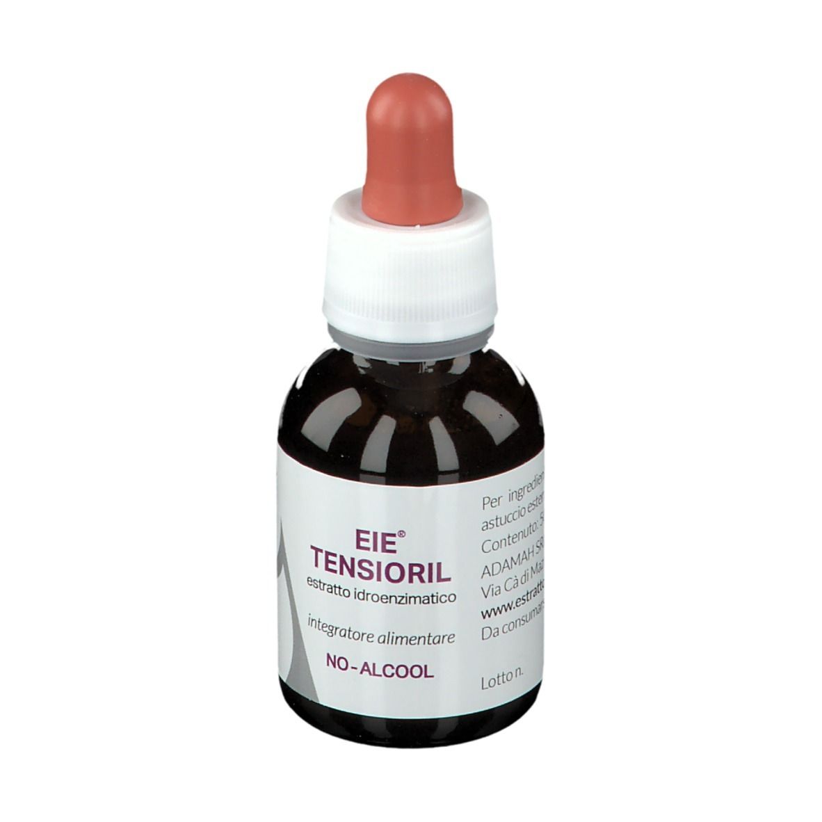 Flacone di vetro marrone con contagocce. Scritta: EIE TENSIORIL, NO-ALCOOL. Etichetta del prodotto con informazioni. Contagocce rosa.