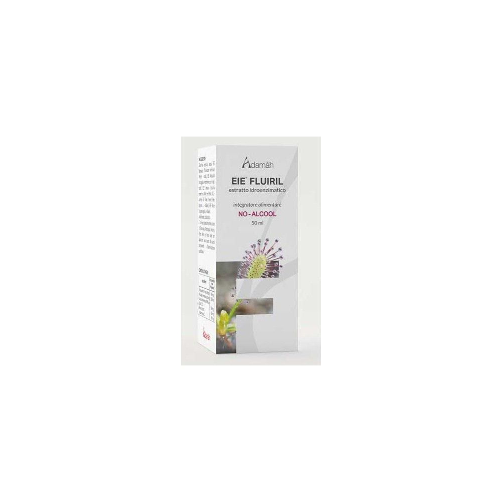 Scatola bianca con nome e logo del prodotto. Testo: EIE Fluiril, estratto, senza alcool. 50 ml.