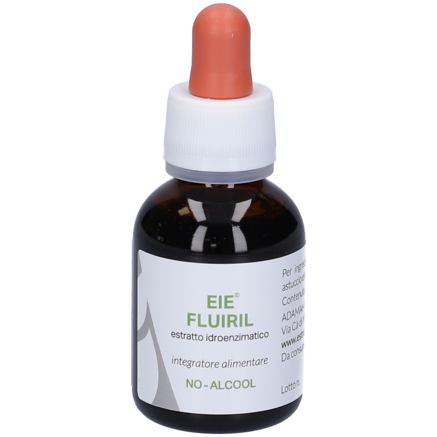 Flacone di vetro marrone con contagocce. Etichetta con nome del prodotto e testo: EIE Fluiril, estratto, senza alcool.