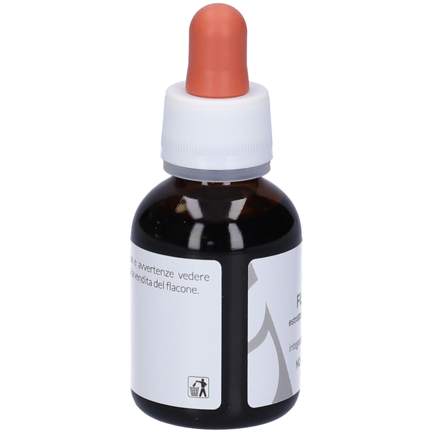 Flacone di vetro marrone con contagocce. Etichetta con nome del prodotto e testo: EIE Fluiril, estratto, senza alcool.
