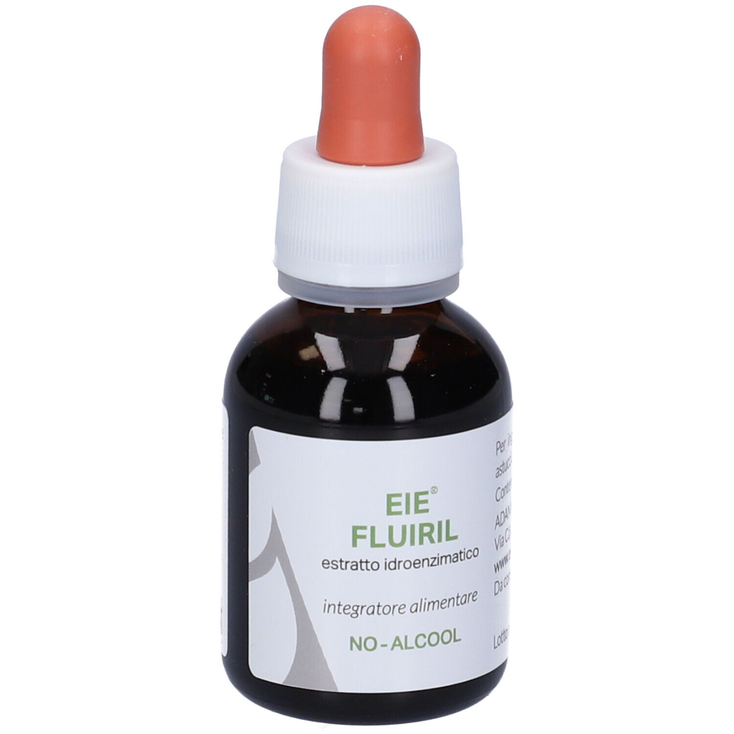 Flacone di vetro marrone con contagocce. Etichetta con nome del prodotto e testo: EIE Fluiril, estratto, senza alcool.