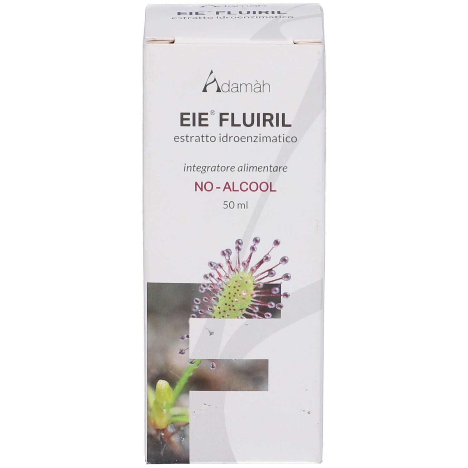 Scatola bianca con nome e logo del prodotto. Testo: EIE Fluiril, estratto, senza alcool. 50 ml.