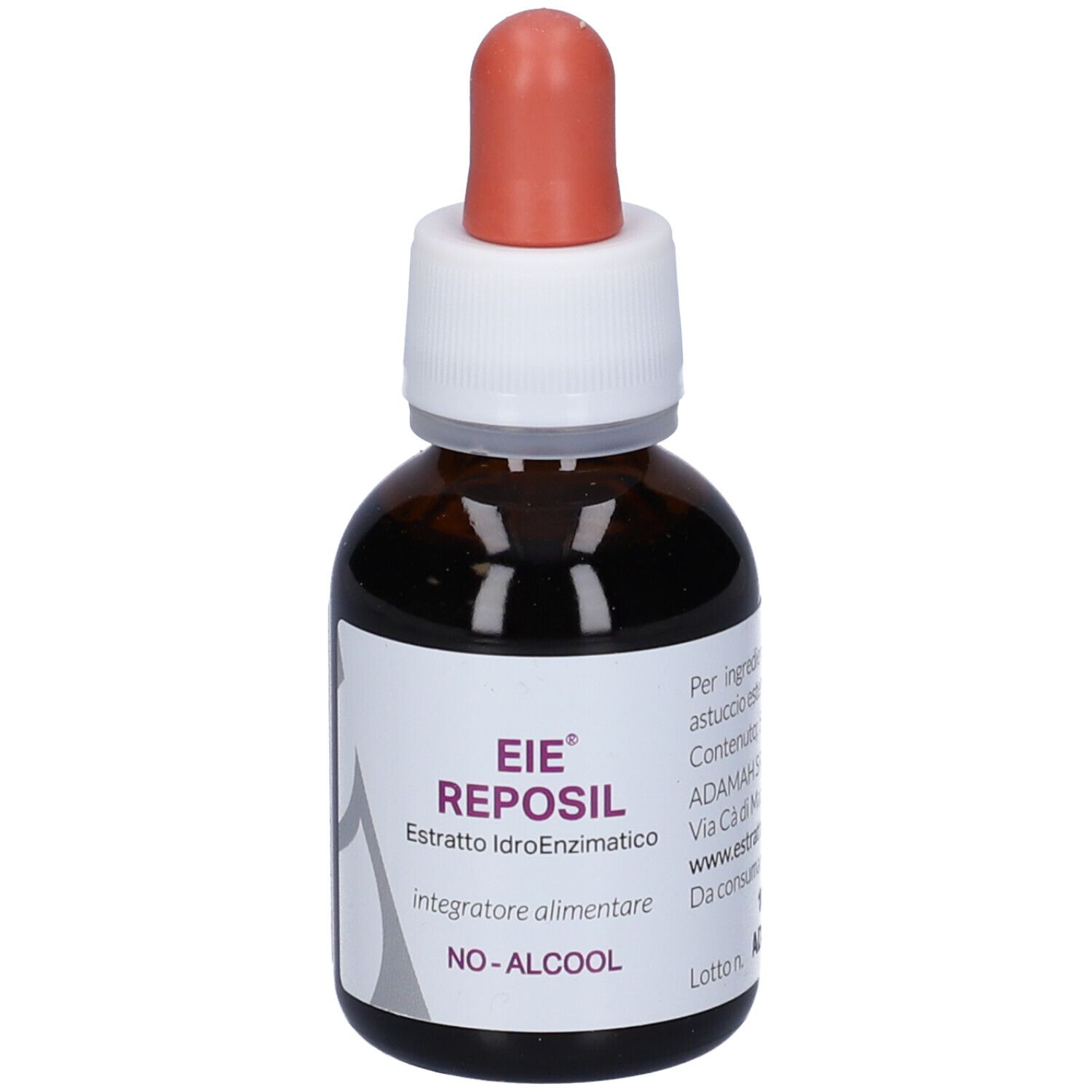 Flacone di vetro marrone con contagocce. Scritta: EIE Reposil, estratto, NO-ALCOOL. Tettarella in gomma rossa.