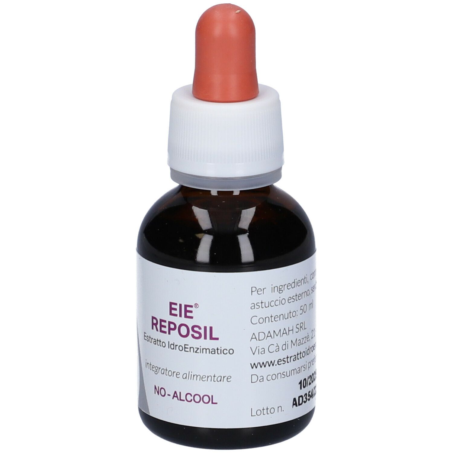 Flacone di vetro marrone con contagocce. Scritta: EIE Reposil, estratto, NO-ALCOOL. Tettarella in gomma rossa. Testo sul retro.